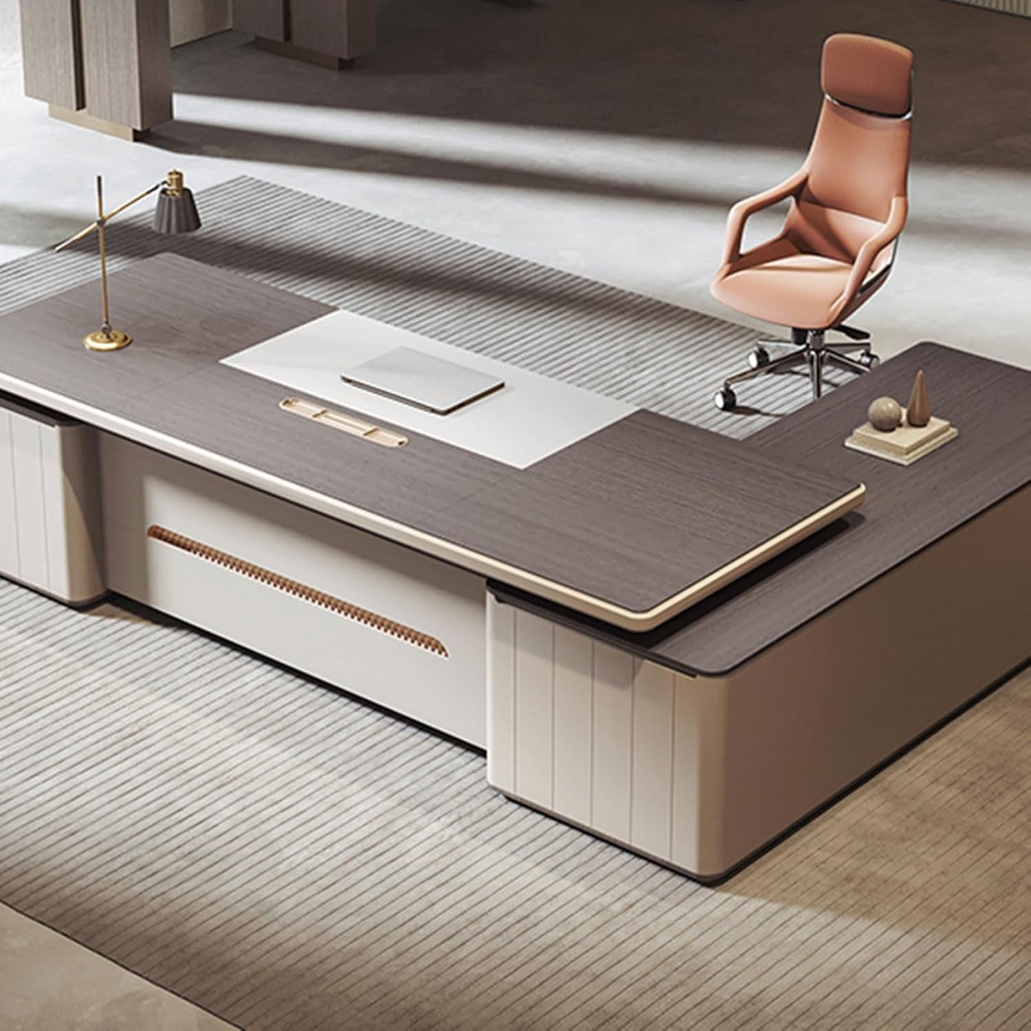 Stylish L-Shaped Executive Office Desk with Storage Cabinet and File Drawers – Perfect Workstation for Home Office