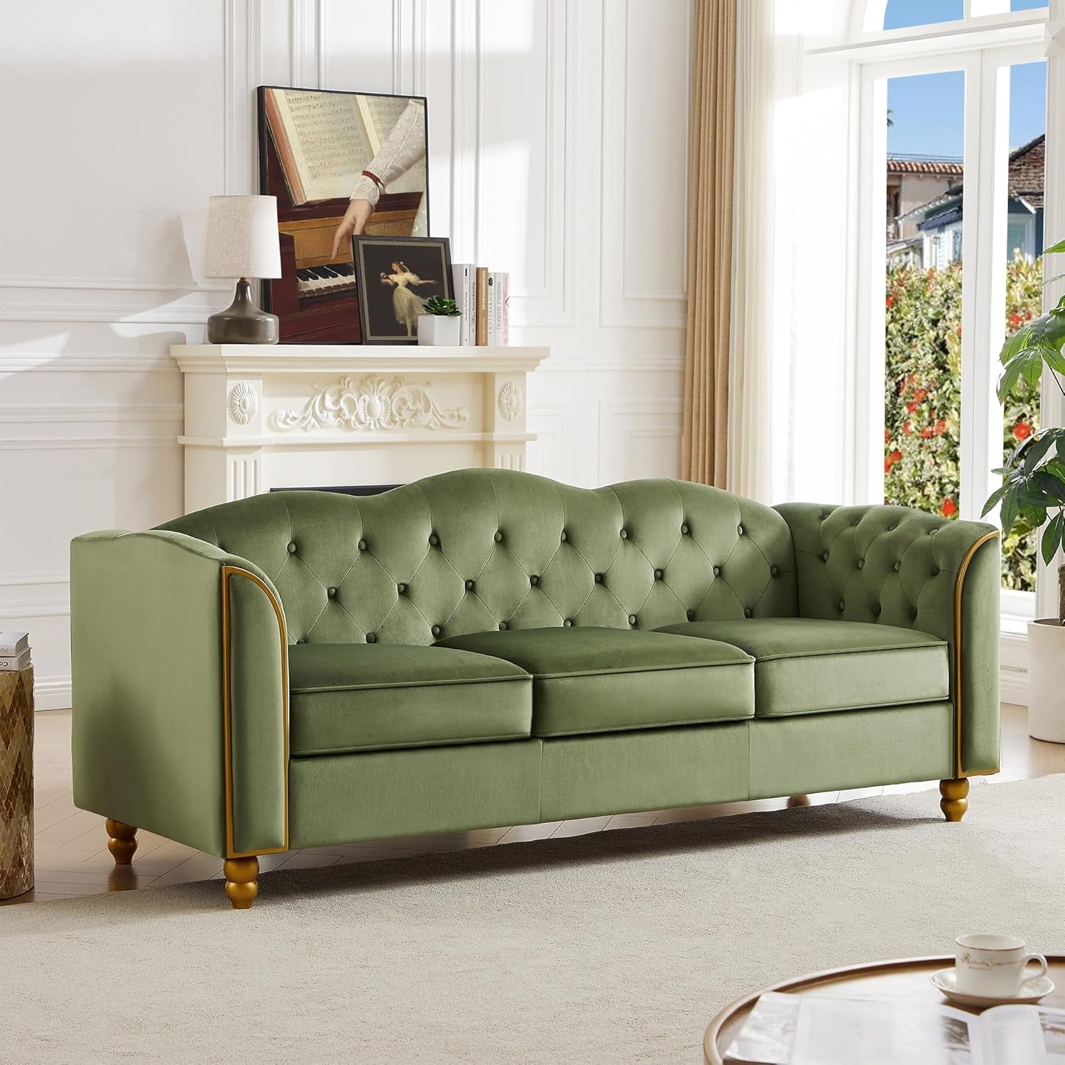 Luxurious 78" Velvet Green Sofa Couch - Modern 3-Seater with Button Tufting, Gold Trim, and Solid Wood Legs for Living Room or Apartment