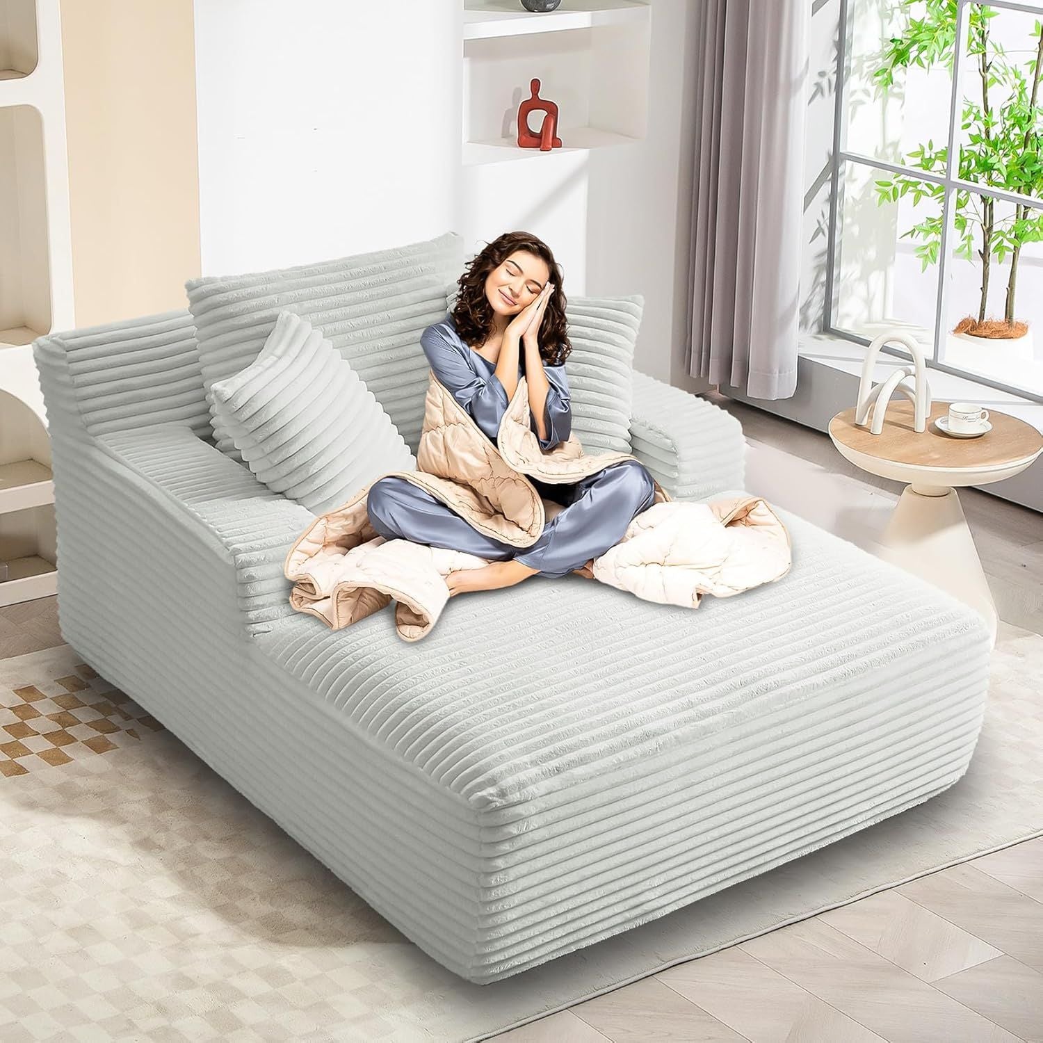 Luxurious Oversized Corduroy Chaise Lounge Chair with 3 Plush Pillows - Comfy Sleeper Sofa & Recliner for Ultimate Relaxation