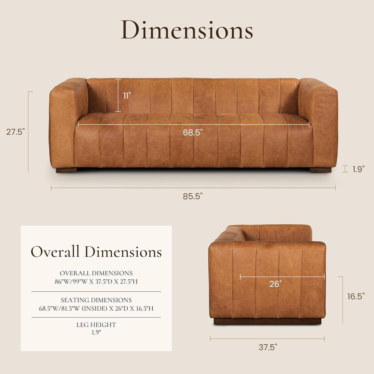 Canale 86" Full-Grain Channel Tufted Leather Couch - Luxurious Vintage Italian Leather Sofa in Cognac Tan for Your Living Room