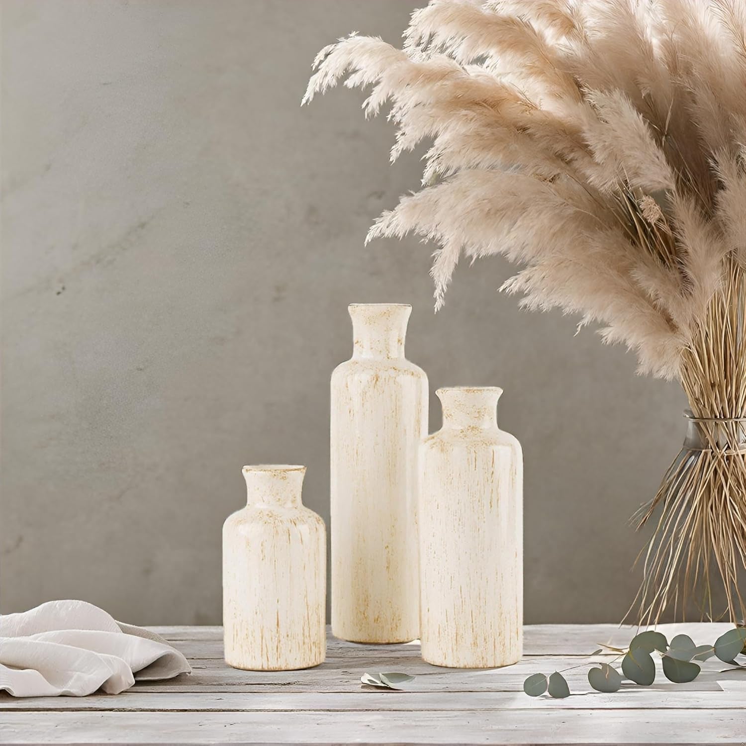 Rustic Luxe Vase Set - Elegant Vases for Pampas Grass and Floral Arrangements, Ideal for Kitchen, Bedroom, Office, Living Room, Bathroom, and Shelf Display