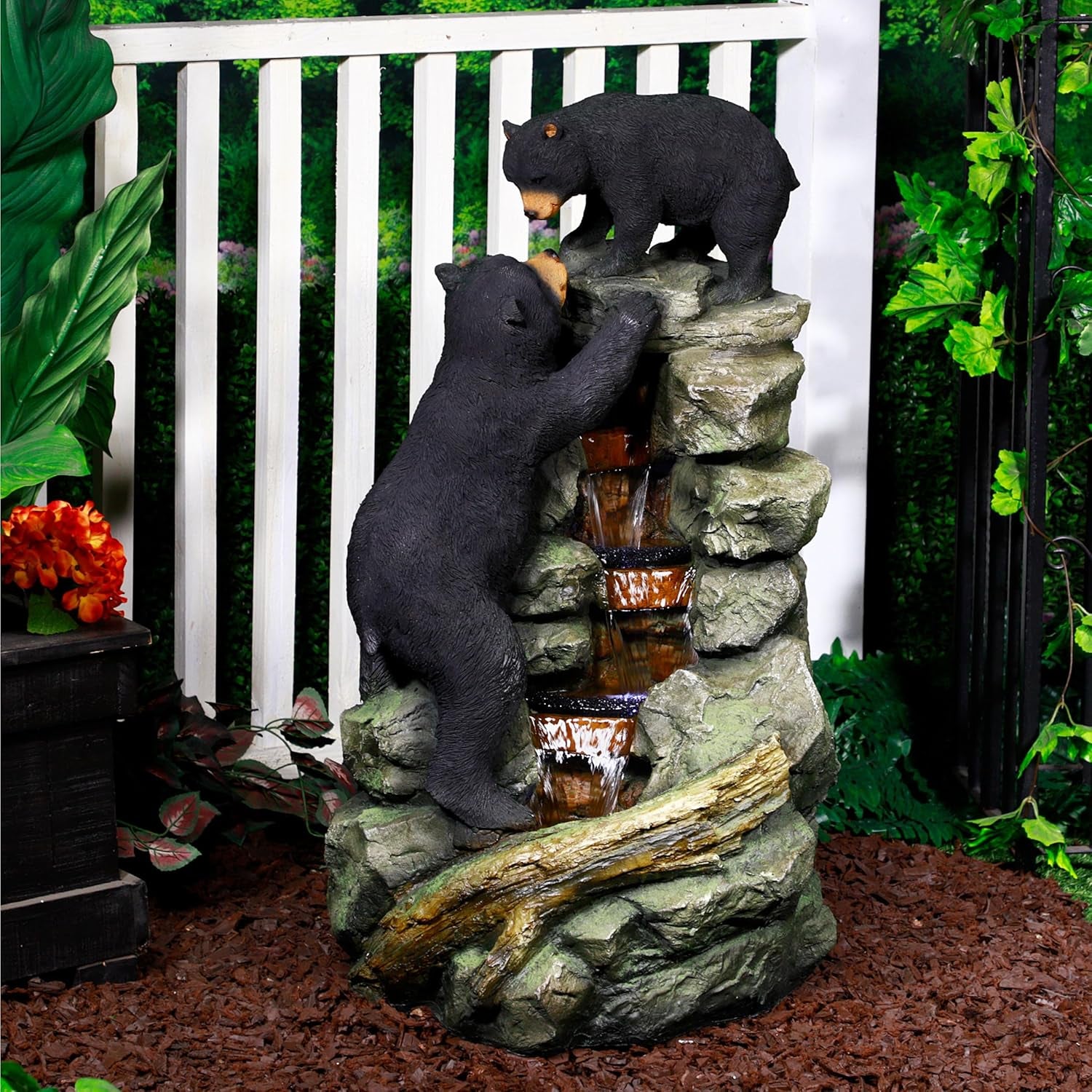 36" Indoor/Outdoor 2 Bears Climbing Water Fountain with LED Lights – Charming Cascading Wildlife Decor for Garden, Patio, and Home