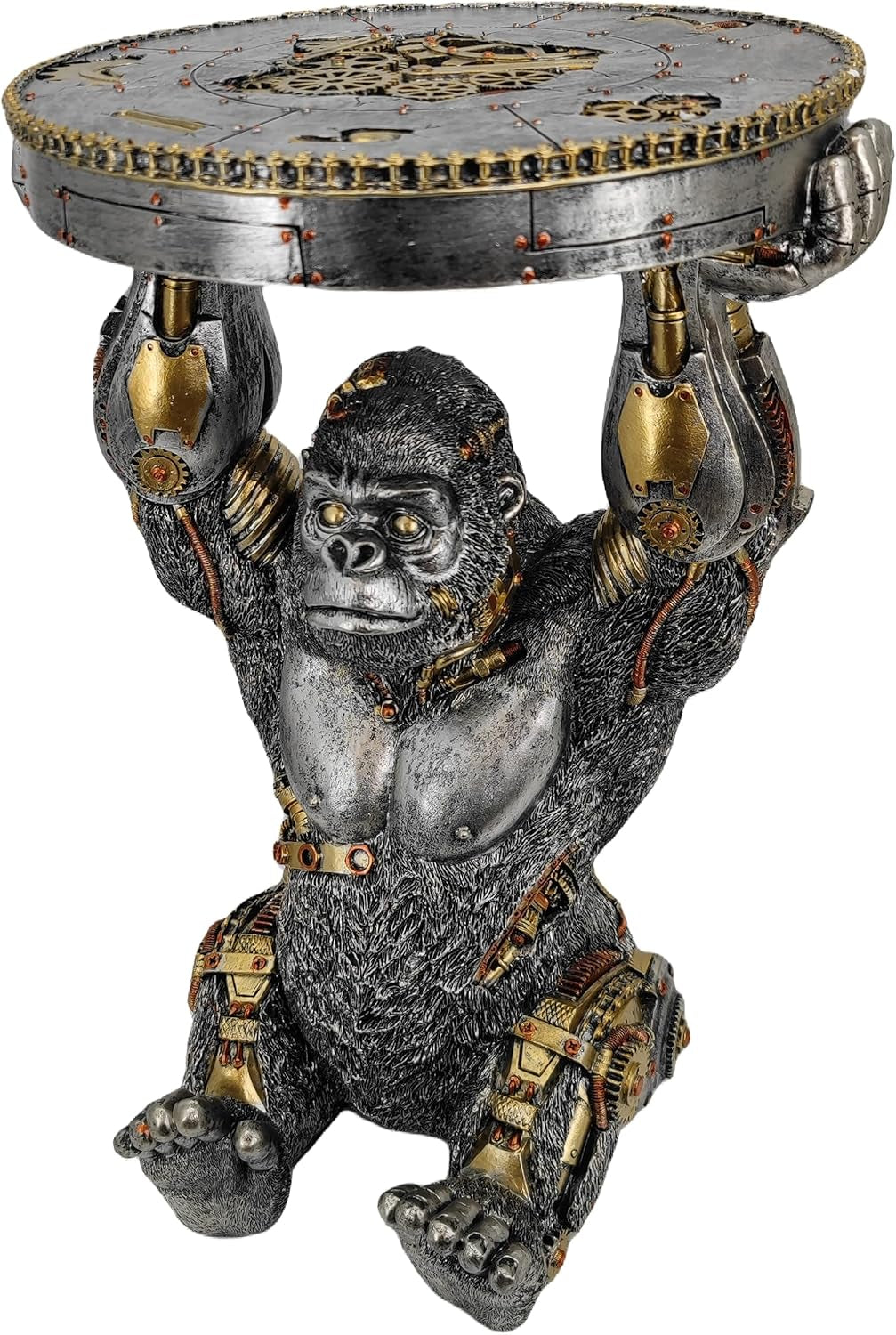 Steampunk Gorilla Side Table: Hand-Painted Resin Cyborg Monkey Sculpture with Gear Accents for Home and Man Cave Decor - Silver Finish