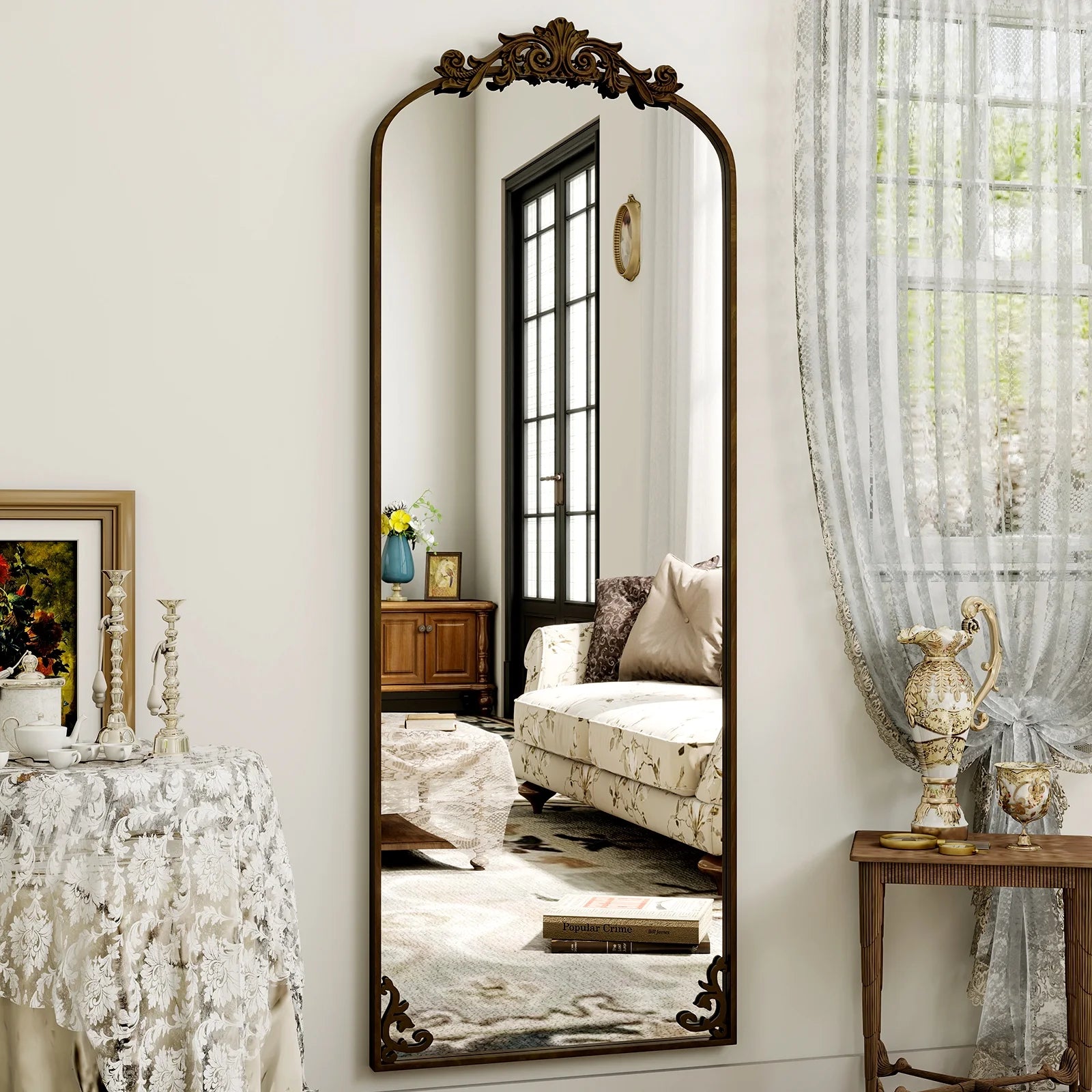 Stunning 66"X21" Arched Full Length Vintage Mirror - Antique Bronze Baroque Style