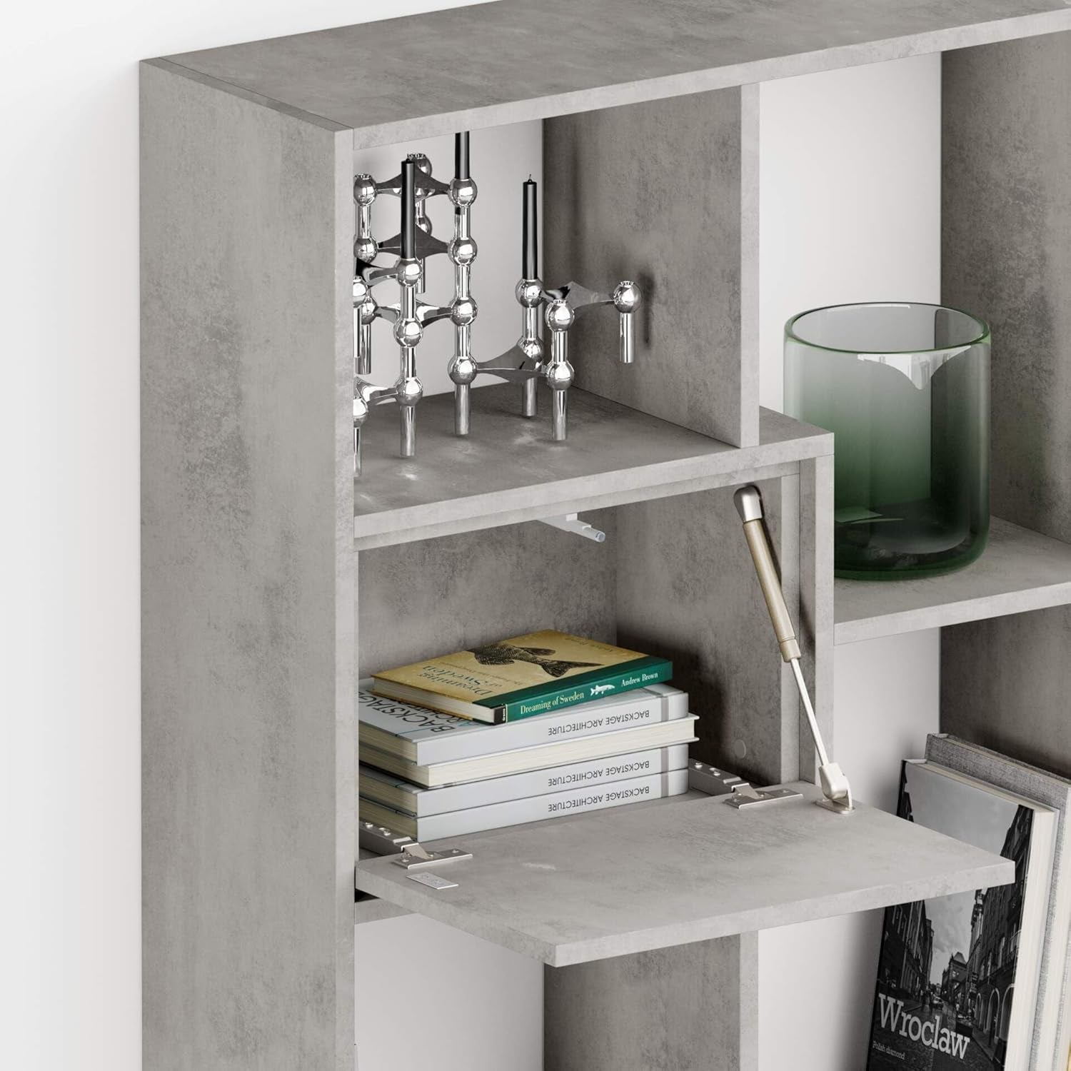Iacopo XXL Modern Bookcase with Panel Doors – Concrete Effect Grey Storage Solution for Living Room & Office (189.9 X 93.1 In) - Elegant Italian Furniture