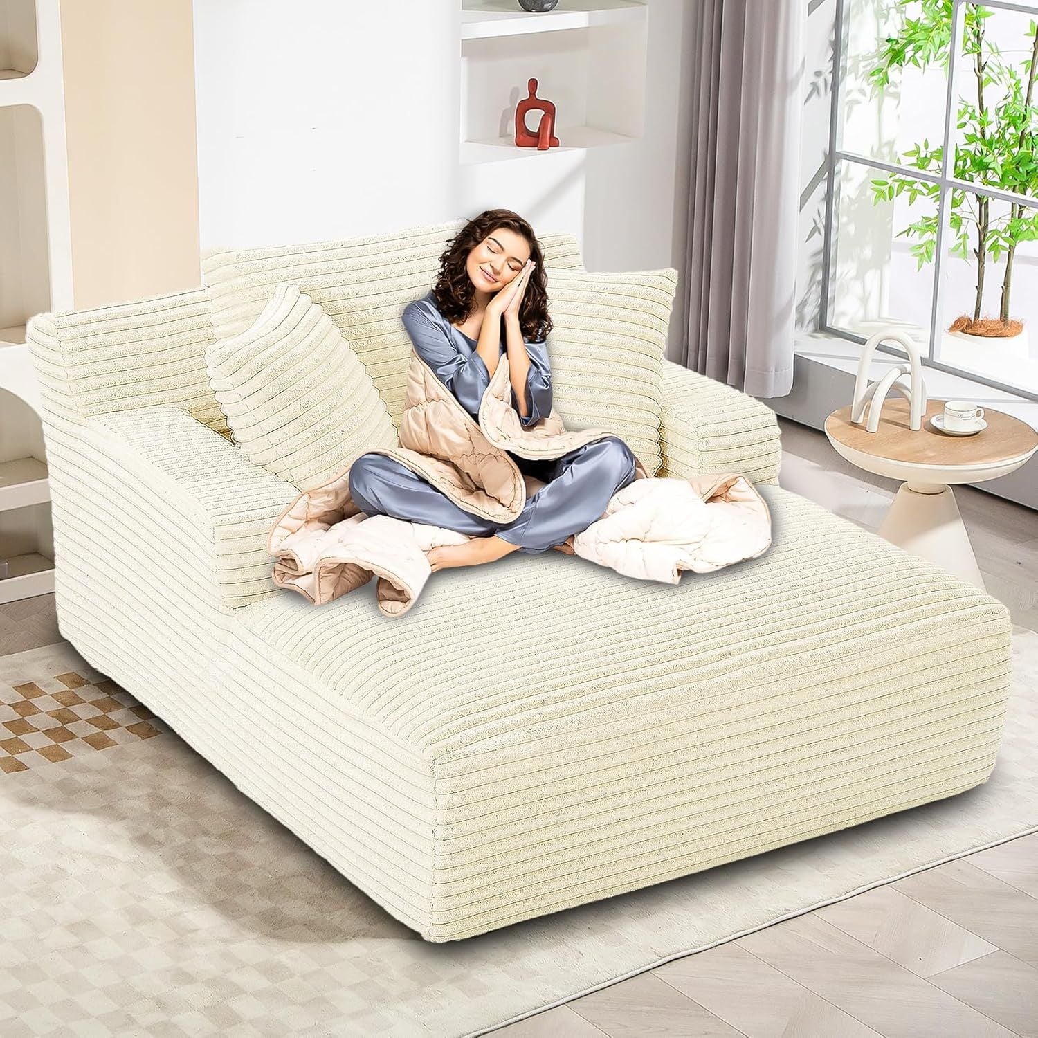 Luxurious Oversized Corduroy Chaise Lounge Chair with 3 Plush Pillows - Comfy Sleeper Sofa & Recliner for Ultimate Relaxation