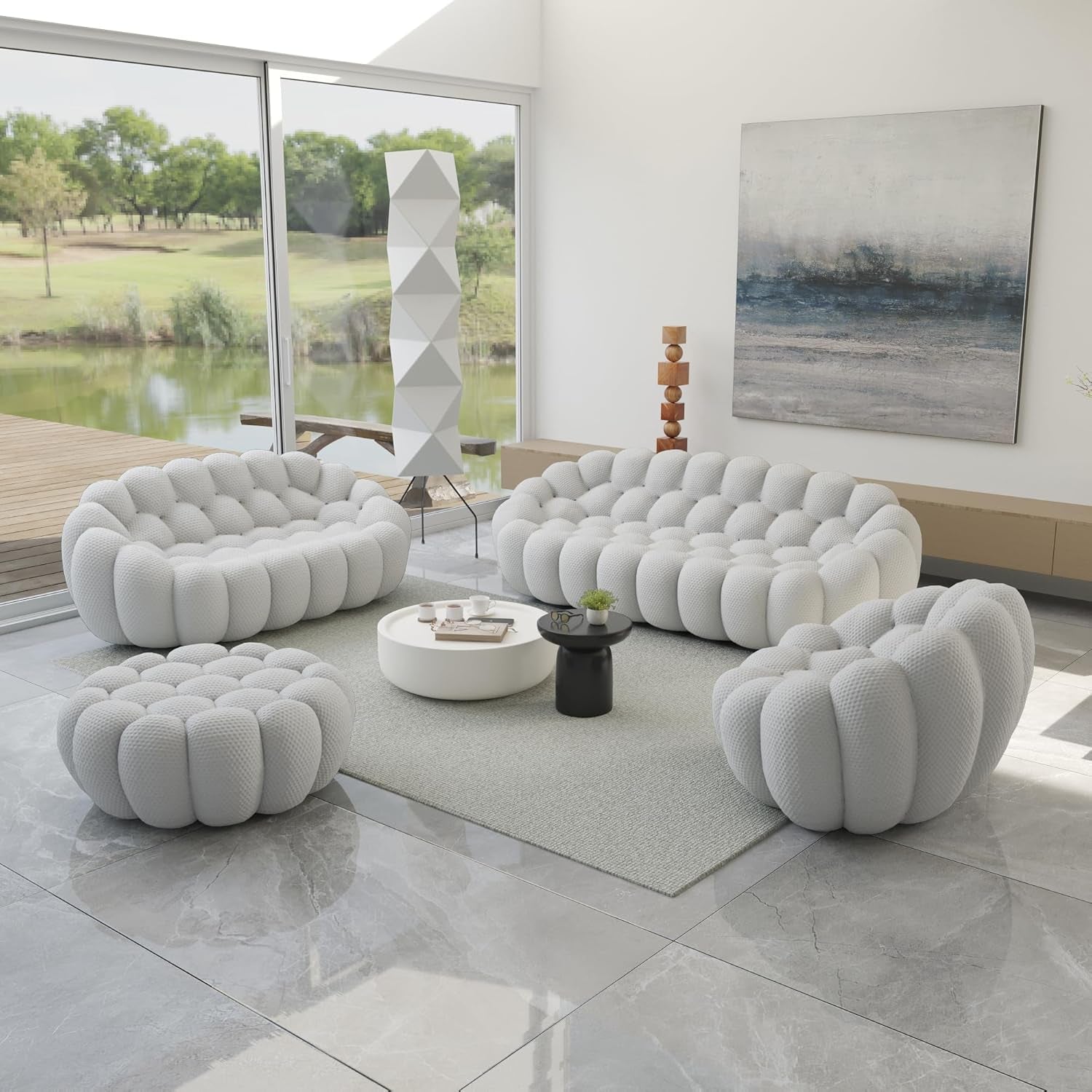 Modern Bubble Sofa Set - Curved Comfy Upholstered Couches in Light Grey for Stylish Living Rooms - 1 Seater, 2 Seater, 3 Seater & Ottoman Included