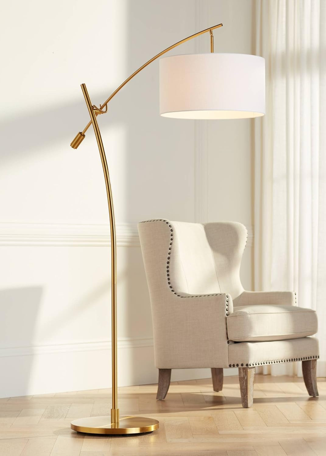 Raymond 69" Modern Arc Floor Lamp - Adjustable Boom Arm with Warm Gold Finish and White Linen Shade for Living Room, Bedroom, and Home Office Decor