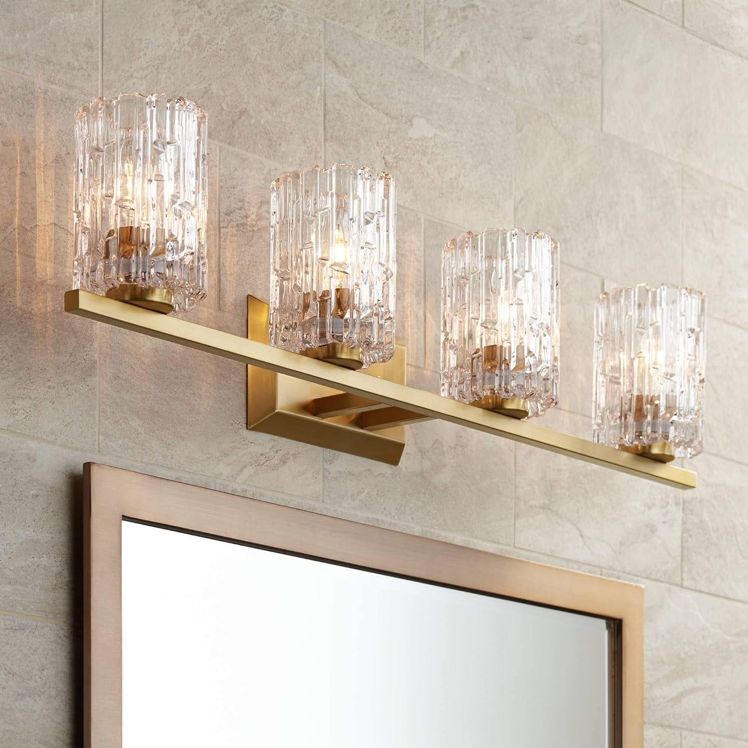 Modern Warm Brass 4-Light Wall Sconce with Textured Ice Glass Shade - 36" Bathroom Vanity & Hallway Decor