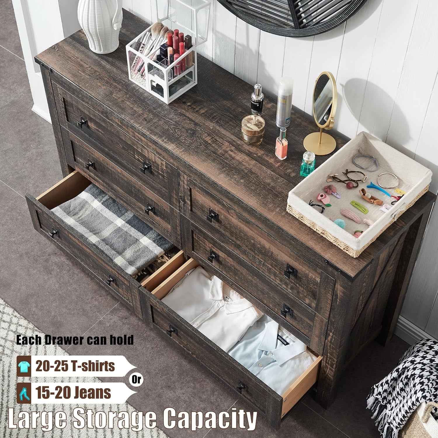 Stylish Rustic Oak 6-Drawer Farmhouse Dresser - Versatile Storage Solution for Bedroom, Living Room, or Hallway