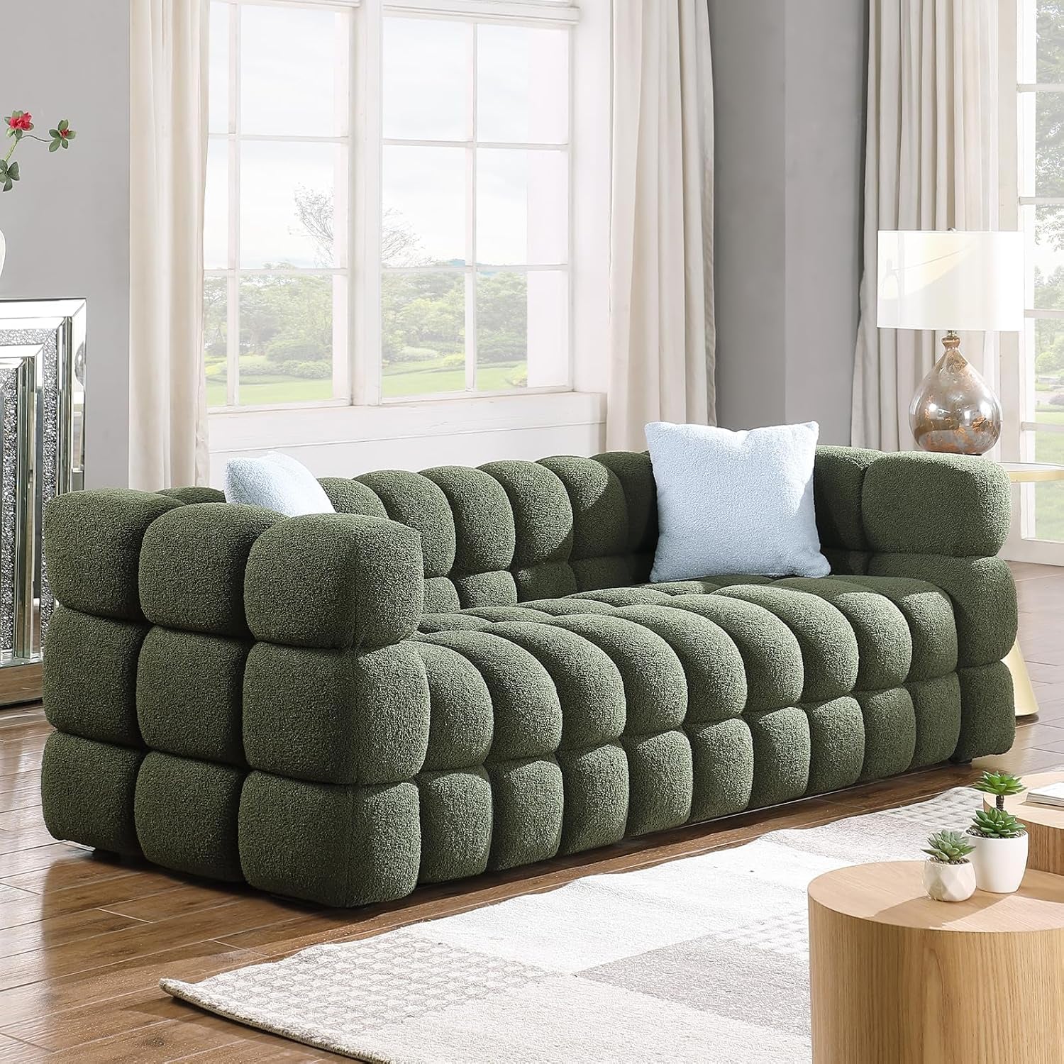 Luxurious 86" Mid Century Modern Cloud Couch - Plush 3 Seater with Solid Wood Frame & 2 Decorative Throw Pillows - Perfect for Your Living Room!