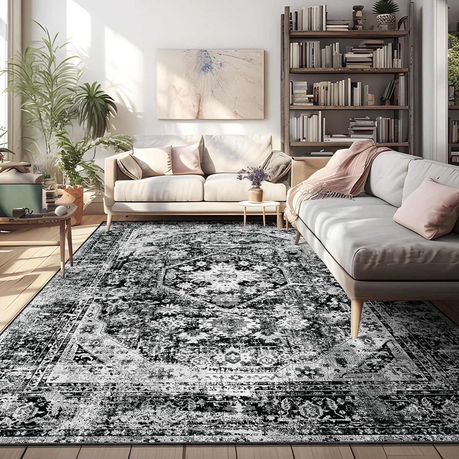 Luxurious Black Floral Washable 8x10 Area Rug - Non-Slip Boho Throw for Living Room, Bedroom, and Dining Room - Soft Indoor Home Decor