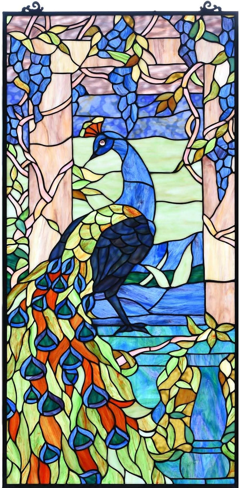 Stunning Peacock in Garden Tiffany Style Stained Glass Window Panel - Elegant Home Decor (Blue, 19.5"Wx40.5"H)