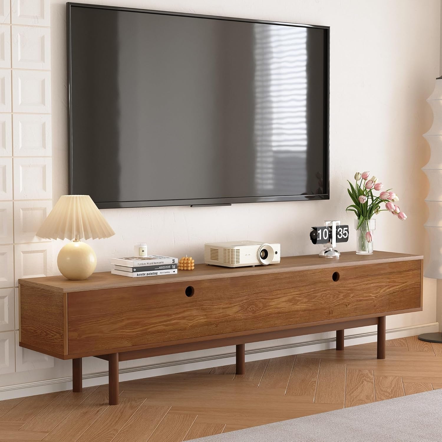 Stunning 88.6" Solid Wood Mid-Century TV Stand - Fully Assembled Entertainment Center with Slatted Doors, Perfect for TVs up to 90" - Stylish Walnut Storage Solution for Living Room & Bedroom