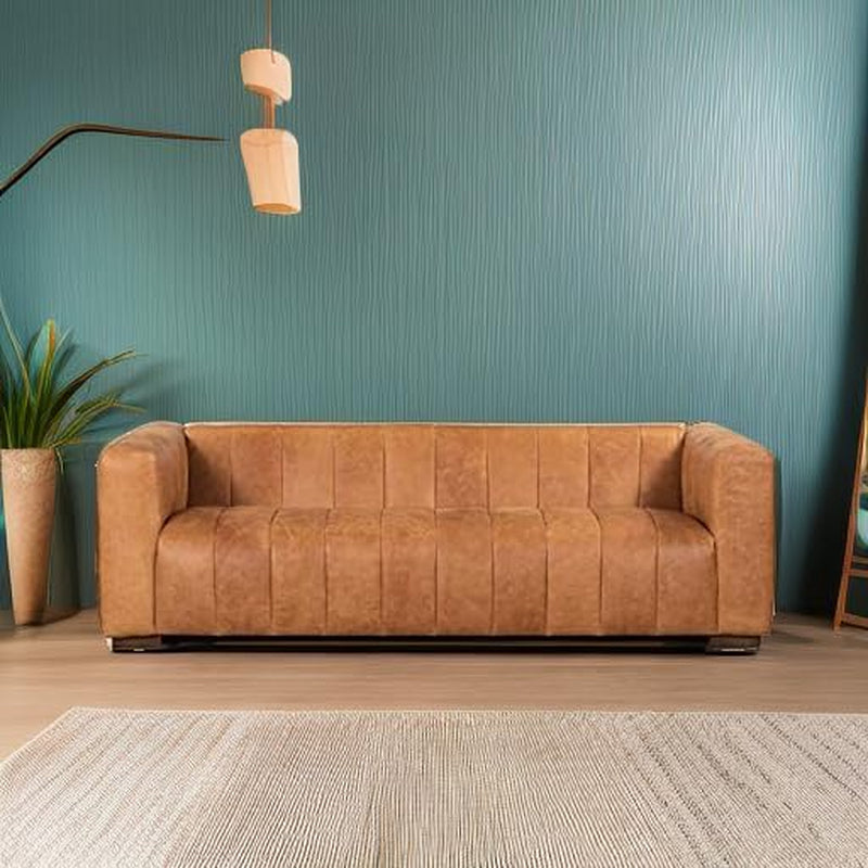 Canale 86" Full-Grain Channel Tufted Leather Couch - Luxurious Vintage Italian Leather Sofa in Cognac Tan for Your Living Room