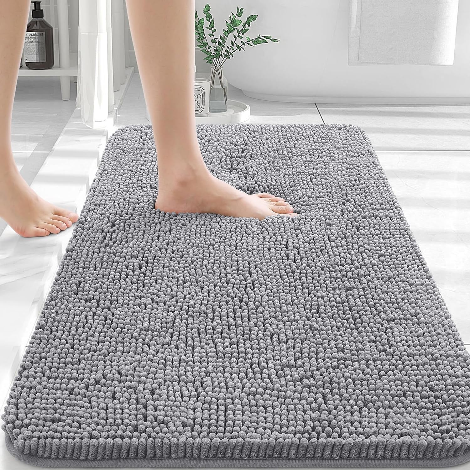 Ultra-Soft Chenille Bathroom Rugs 30x20 - Quick-Dry, Machine Washable, Non-Slip Rubber Backing - Stylish Grey Bath Mats for Tub and Shower Decor