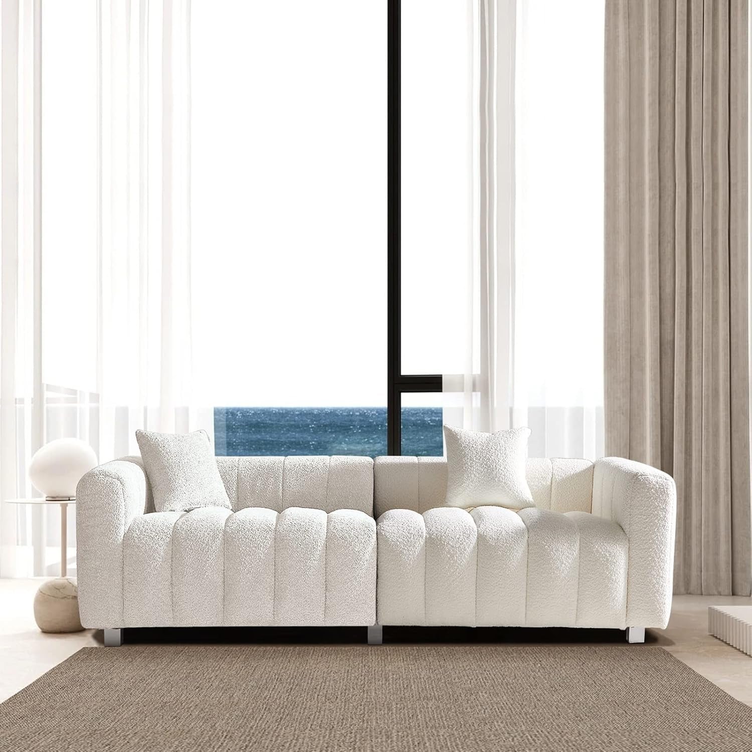 Stylish 87.4" Modern 3-Seater Boucle Sofa - Mid Century Fluffy Couch with Solid Wood Frame, 750 LBS Capacity - Perfect for Living Room, Bedroom, or Apartment (White)