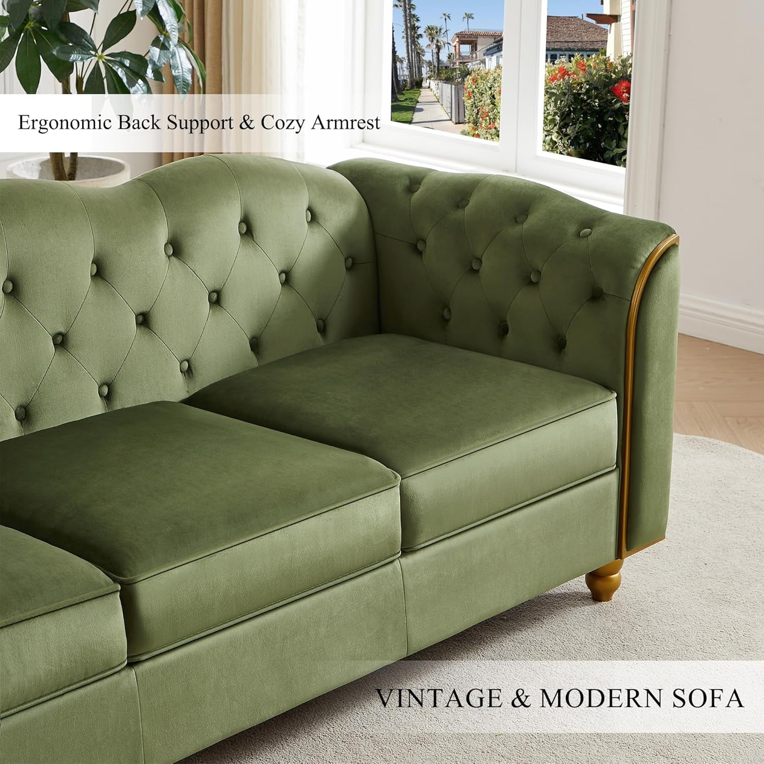 Luxurious 78" Velvet Green Sofa Couch - Modern 3-Seater with Button Tufting, Gold Trim, and Solid Wood Legs for Living Room or Apartment