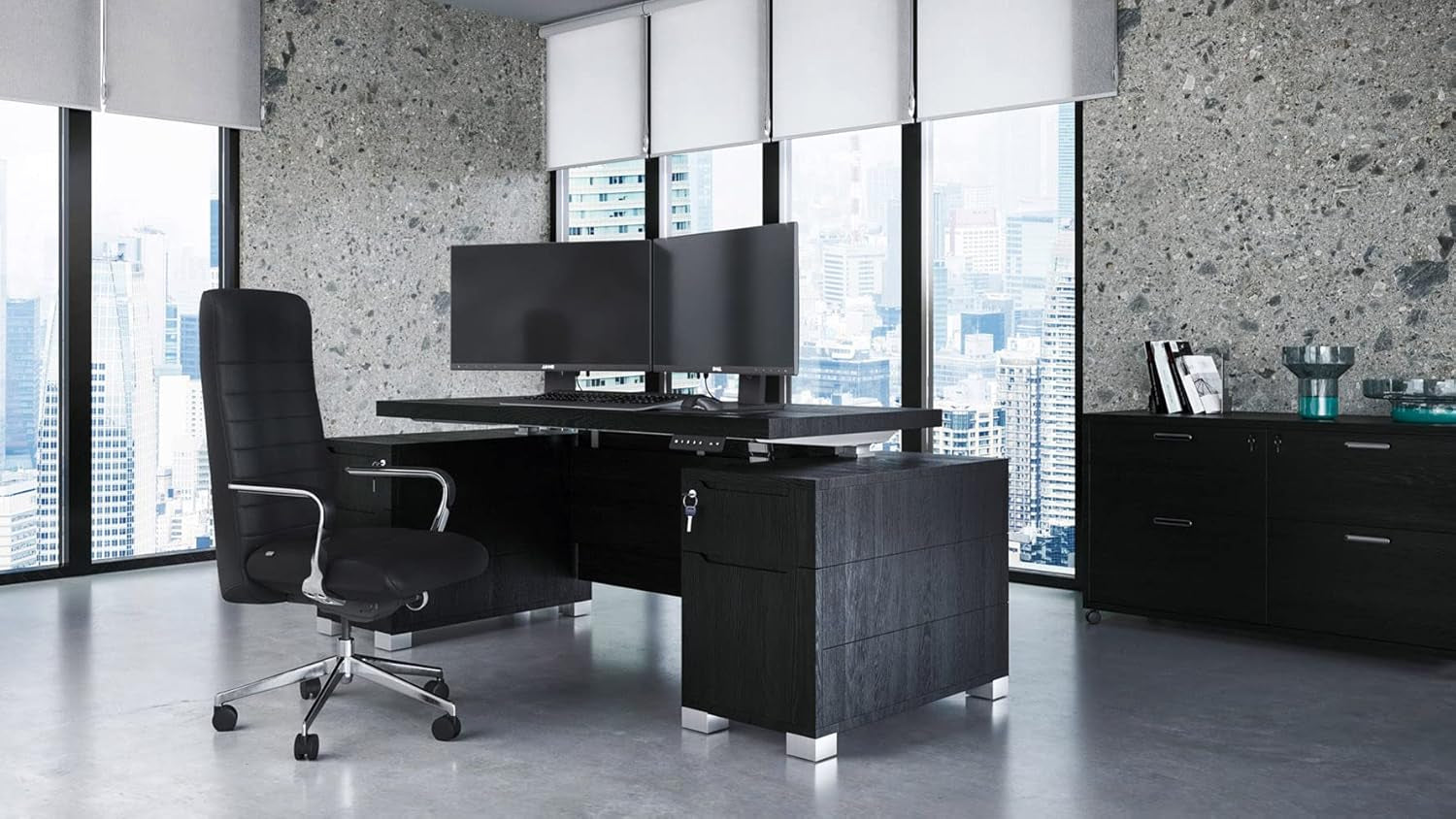 Sleek 79" Black Modern Ford Executive Desk with Filing Cabinets for Ultimate Organization