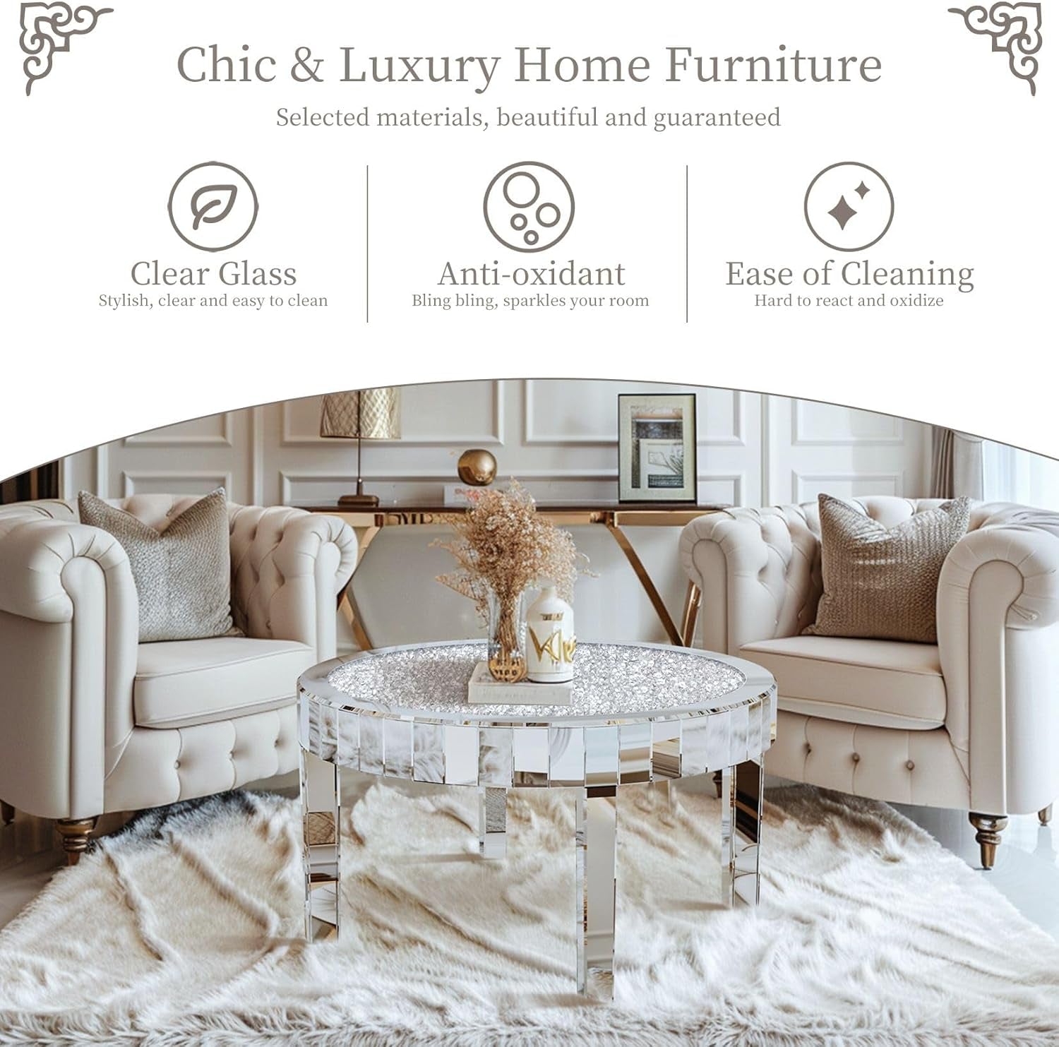Stunning 31.5" Round Mirrored Coffee Table with Crushed Diamond Top and Silver Crystal Edge - Luxurious Modern Home Decor for Your Living Room