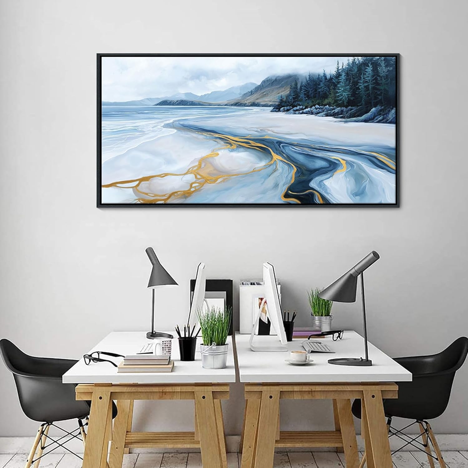 Stunning Blue and Gold Abstract Wall Art - Ocean-Inspired Coastal Decor for Living Room & Bedroom, Framed Landscape Artwork 24×48 IN