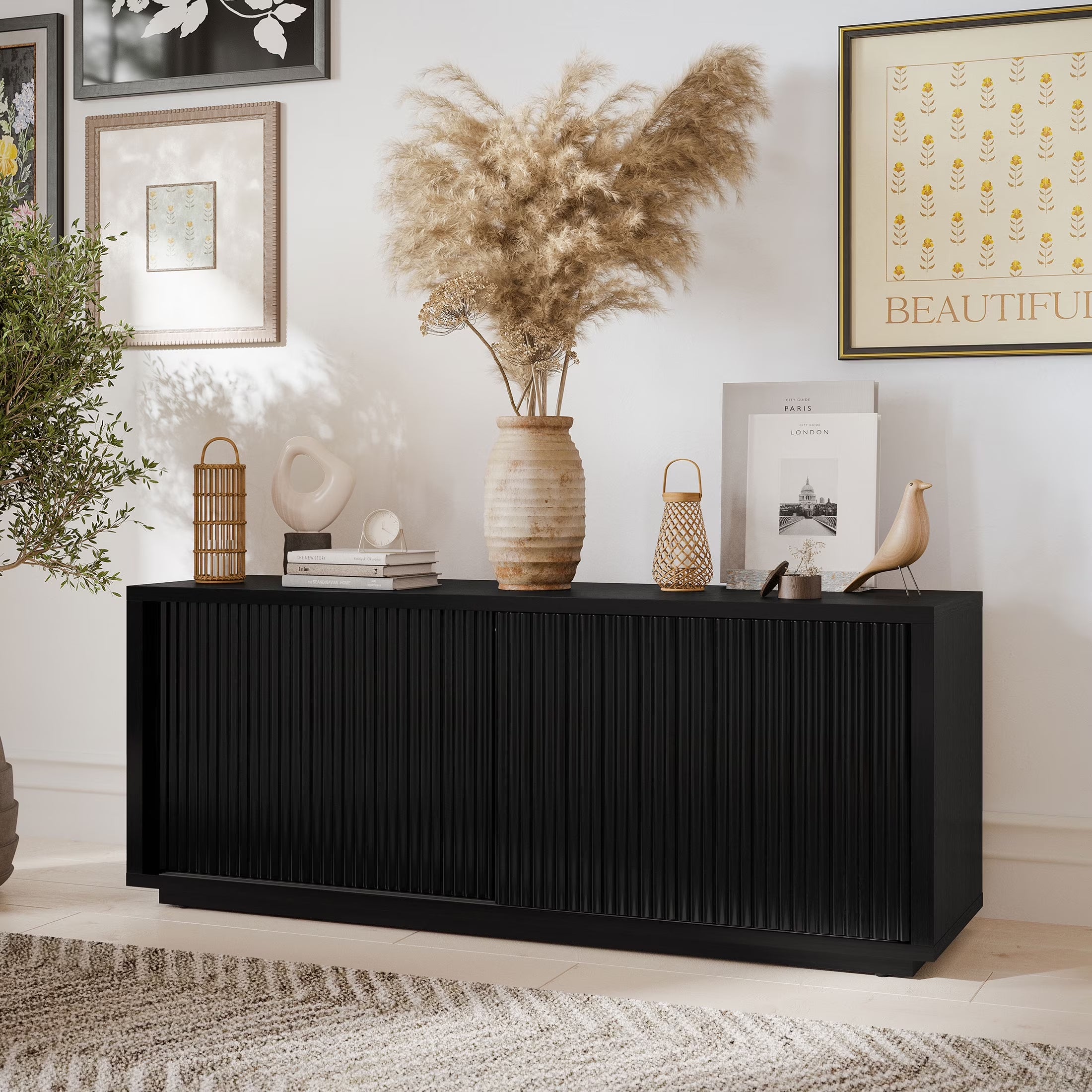 Stylish Fluted TV Stand for TVs up to 70” by Drew Barrymore in Elegant Rich Black Finish