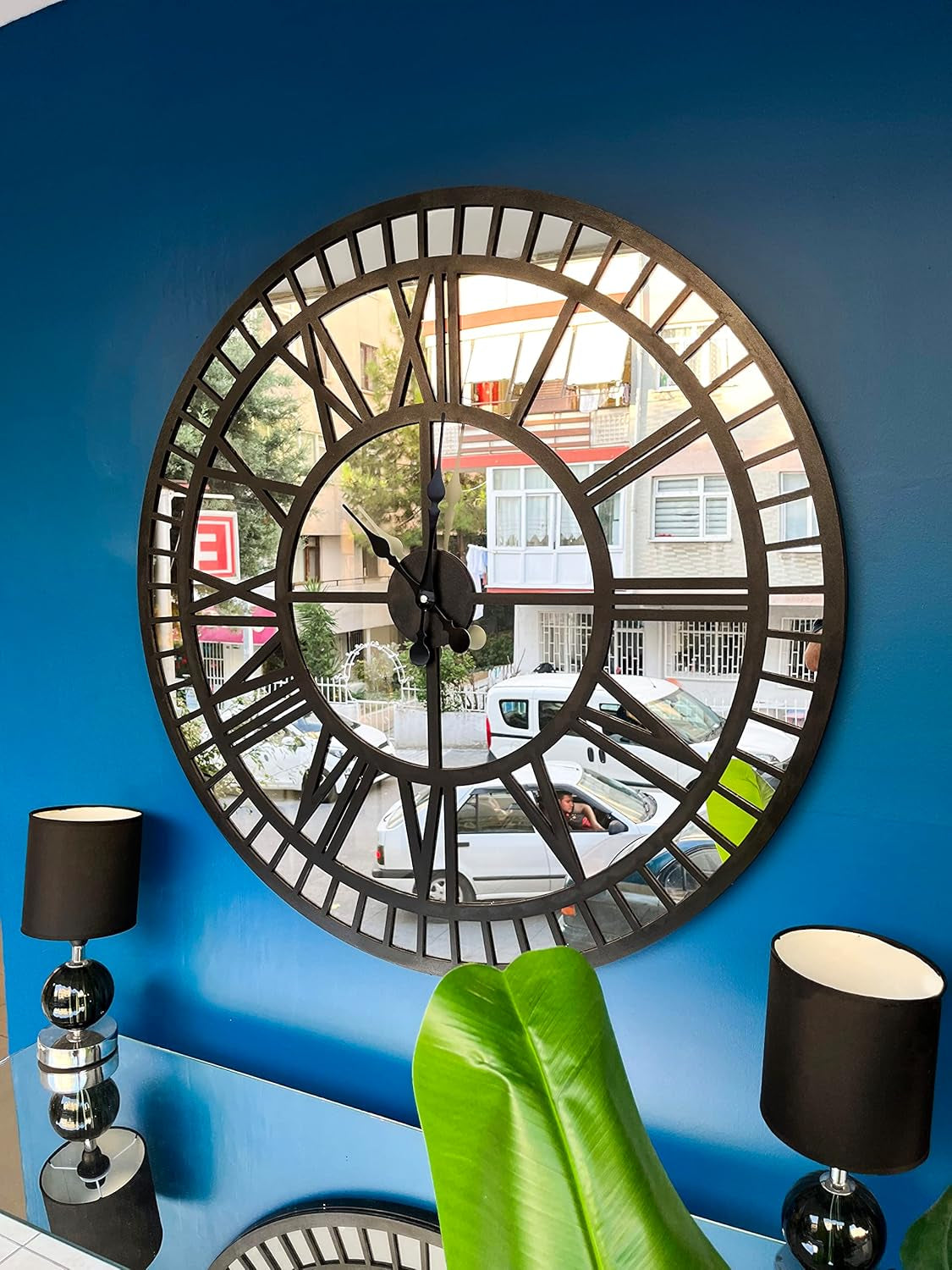 Stylish Black Large Mirror Wall Clock - Modern Silent Non-Ticking Design, 35.5 Inches, Battery Operated Home Decor, Weighs 31 lbs