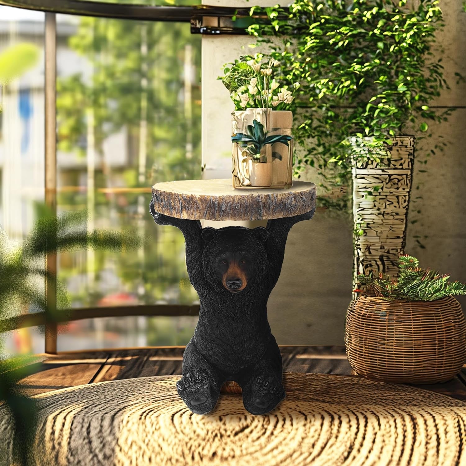 American Black Bear Decorative Side Table - Hand-Painted Resin Pedestal Stool for Home and Office Decor