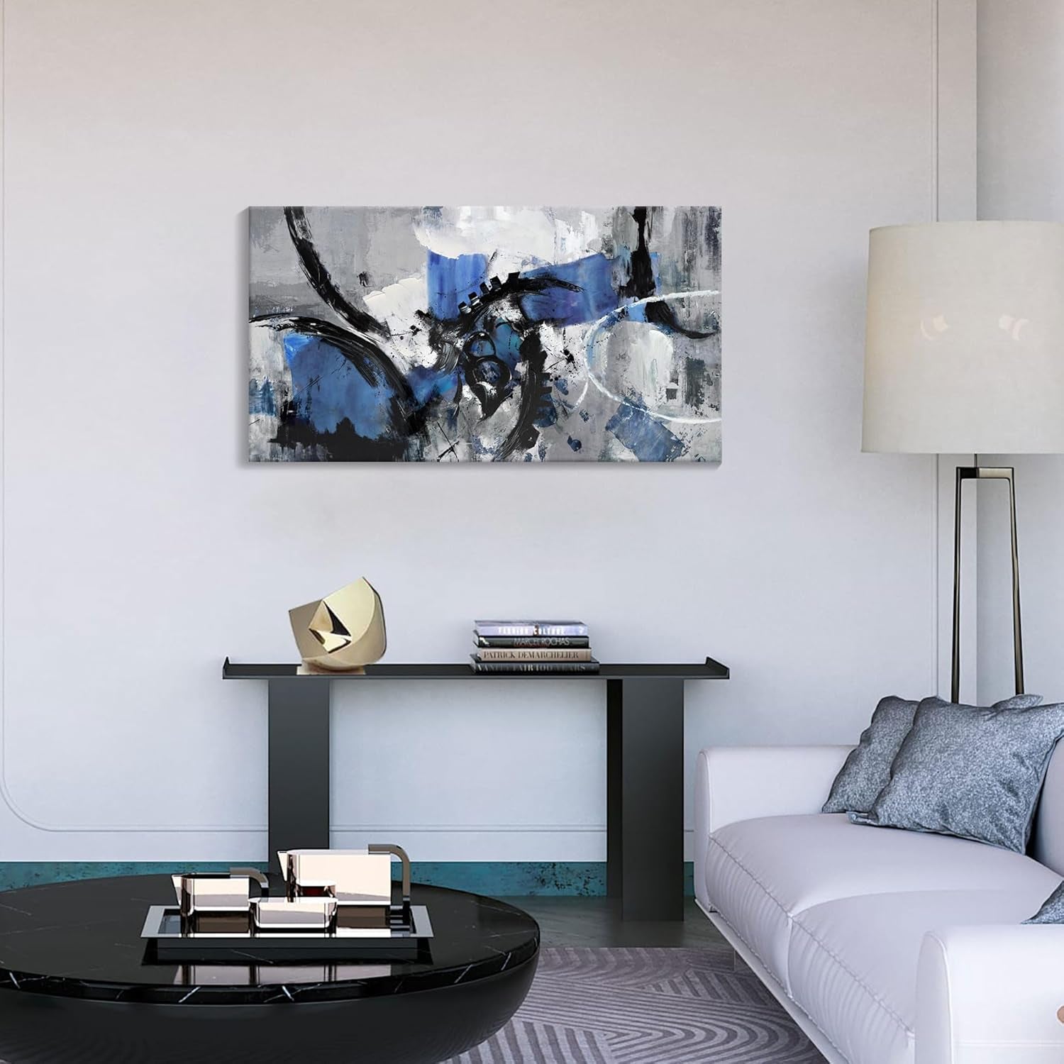 Large Abstract Canvas Wall Art for Living Room, Bedroom, and Office Decor - Framed Modern Blue and Black Artwork