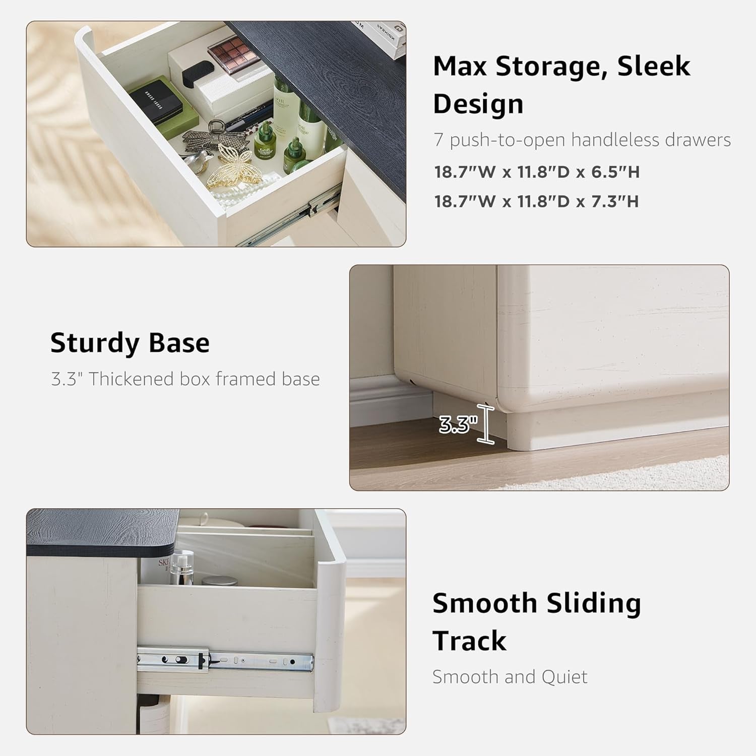 Stylish 7-Drawer Modern Dresser with Push-To-Open Design - 52" Wide Storage Chest for Bedroom or Living Room in Off White