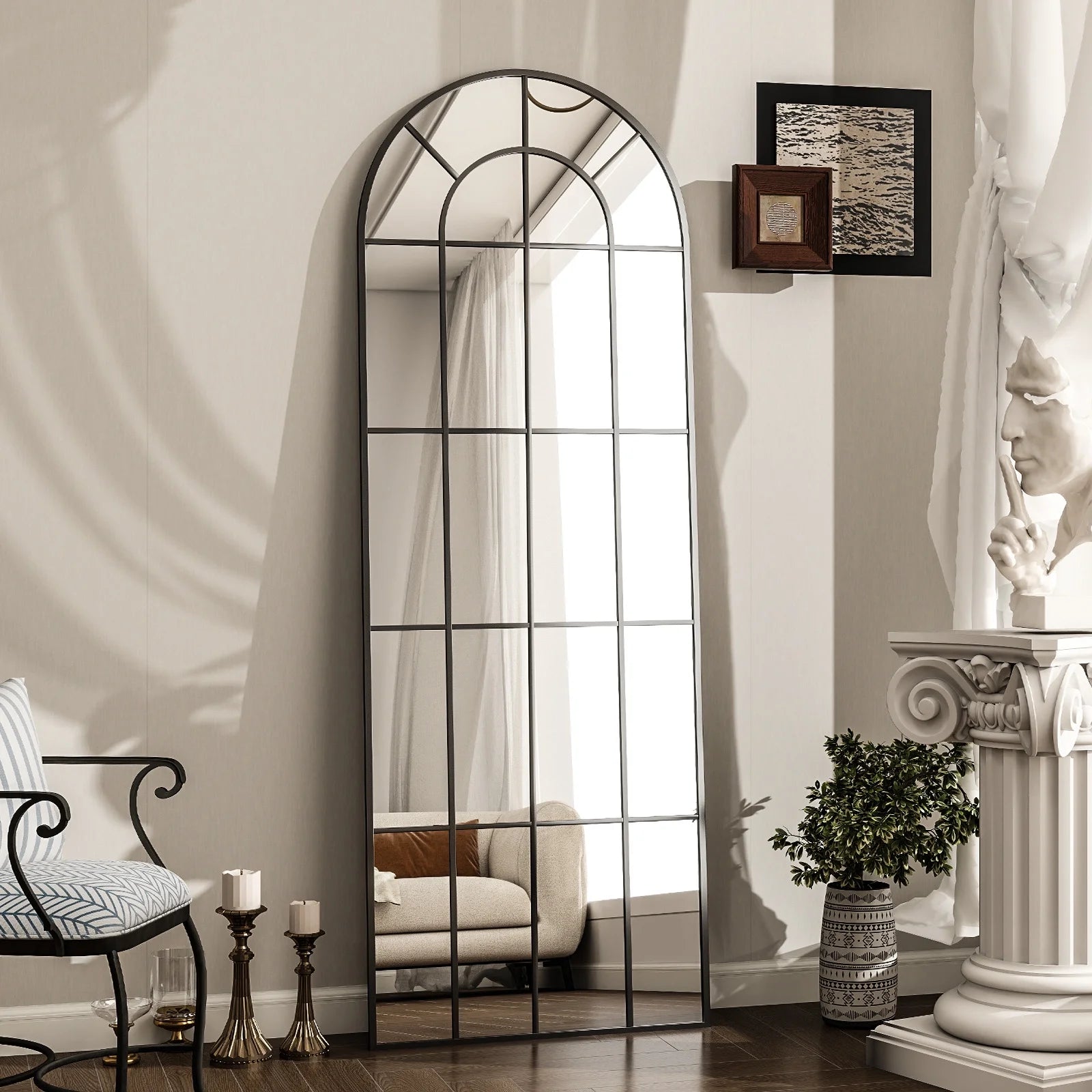 Stunning 65"x23" Arched Black Windowpane Full-Length Wall Mirror for Elegant Decor