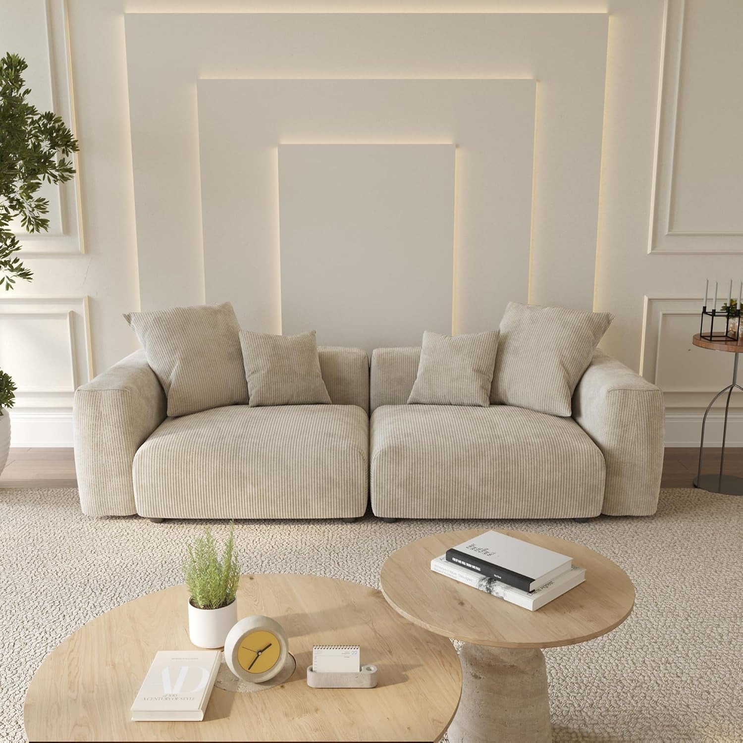 Stylish 102-Inch Cloud Couch Modular Sectional Sofa - Beige Corduroy 2-Seater with Removable & Washable Cushion Covers for Your Living Room
