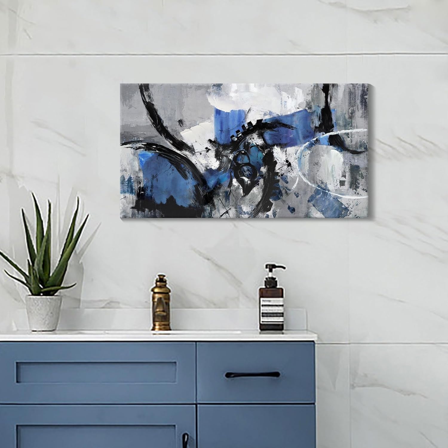 Large Abstract Canvas Wall Art for Living Room, Bedroom, and Office Decor - Framed Modern Blue and Black Artwork