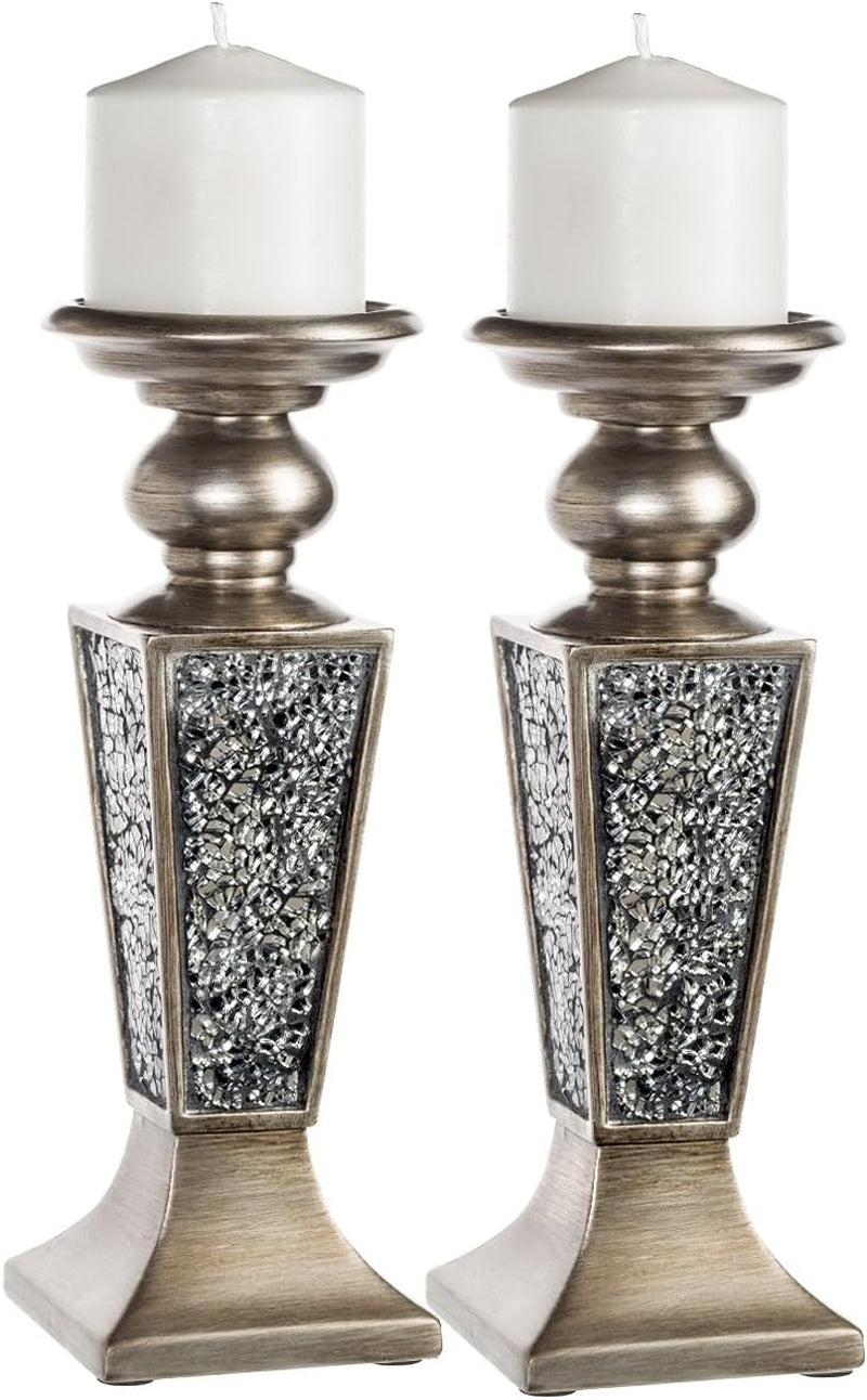 Schonwerk Silver Pillar Candle Holder Set of 2 - Crackled Mosaic Design - Elegant Centerpiece for Living and Dining Rooms - Ideal Coffee Table Decoration and Gift