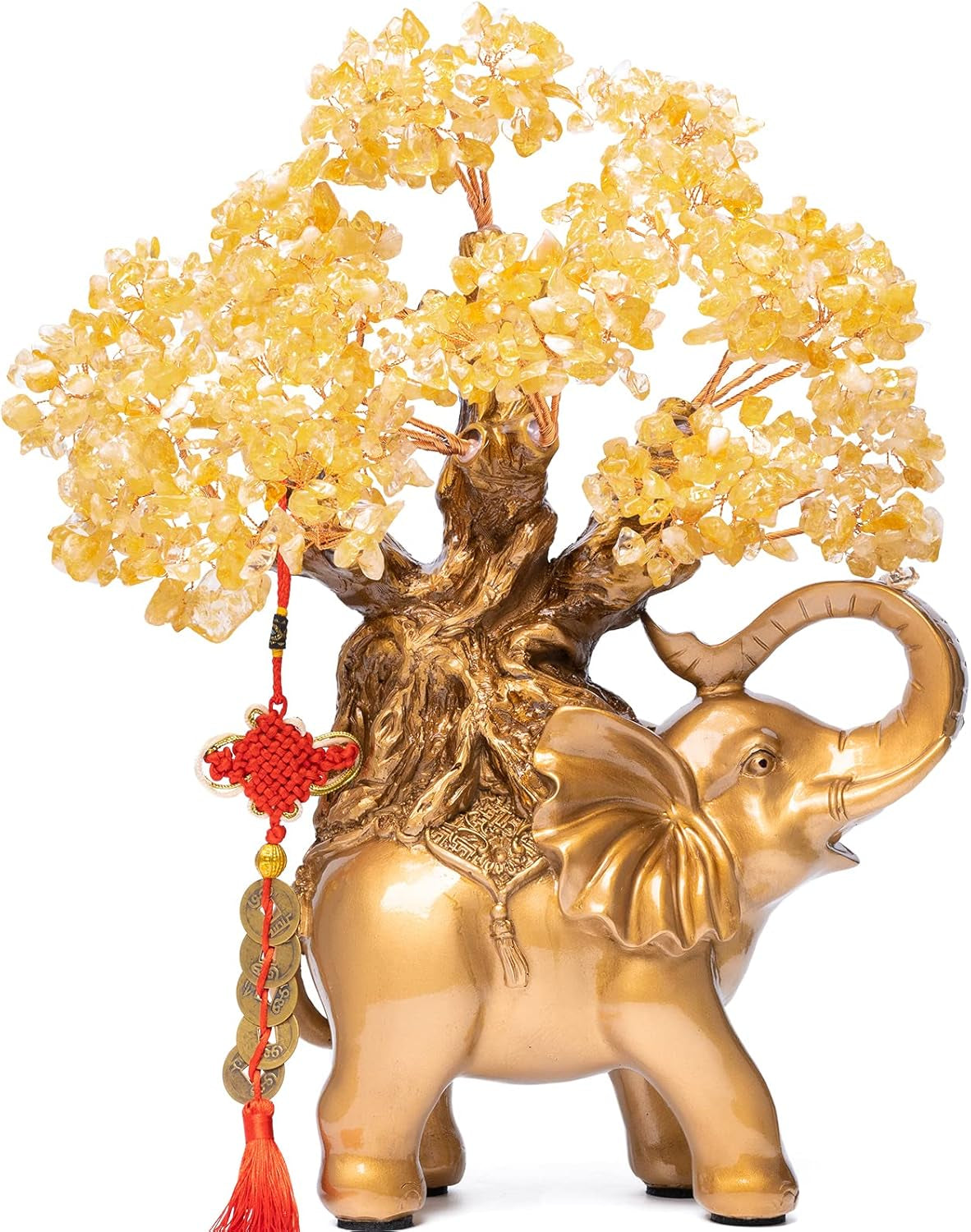 Citrine Crystal Money Tree on Gold Elephant Statue - 17" Large Gemstone Bonsai Tree of Life for Wealth and Positive Energy, Ideal Feng Shui Home Décor Gift