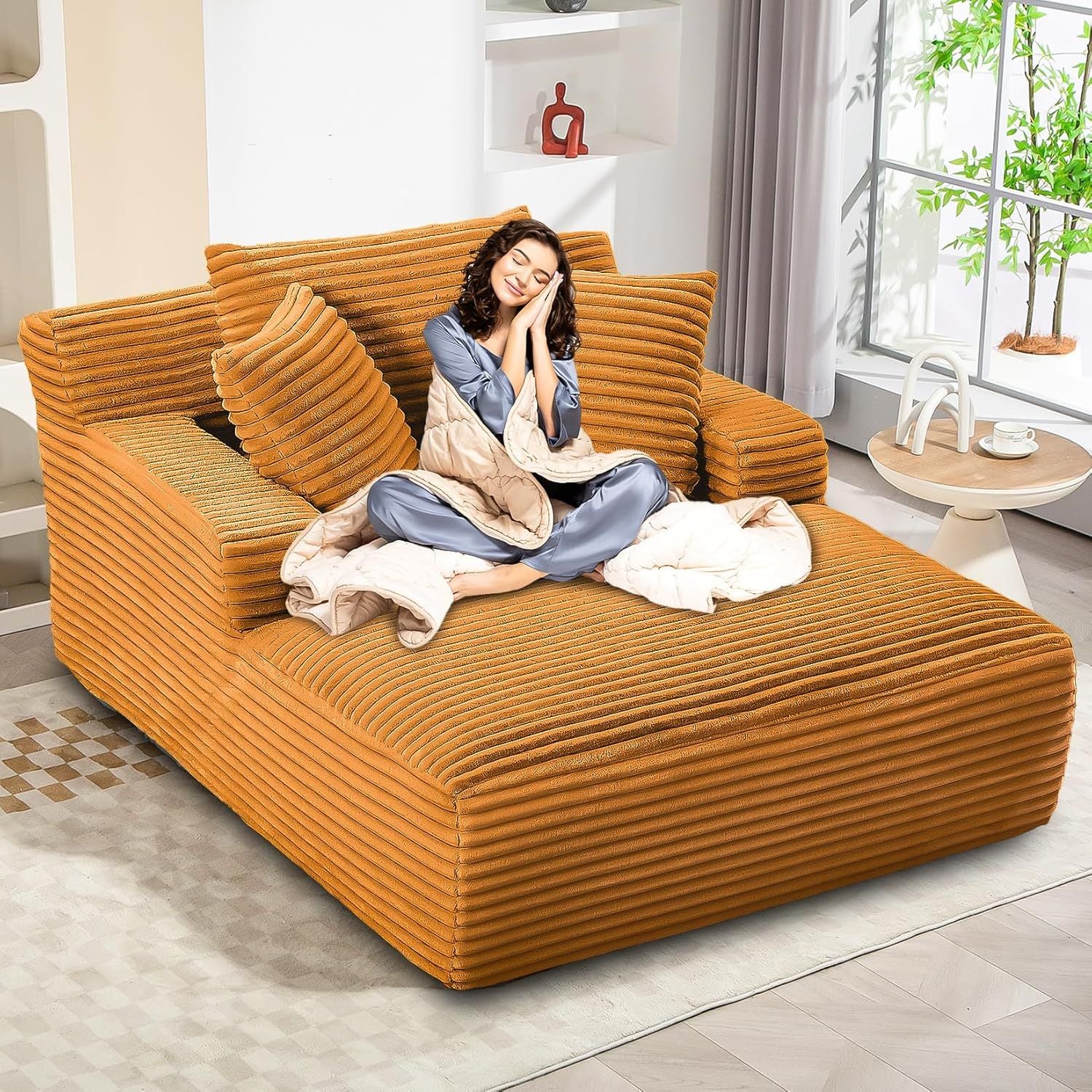 Luxurious Oversized Corduroy Chaise Lounge Chair with 3 Plush Pillows - Comfy Sleeper Sofa & Recliner for Ultimate Relaxation