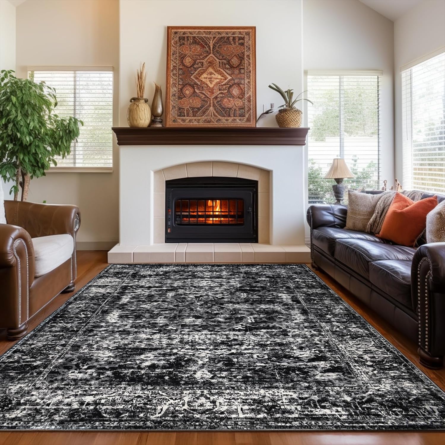 Large 9X12 Vintage Boho Faux Wool Area Rug - Ultra Soft, Washable Carpet for Living Room, Dining Room, Bedroom, Office, and Home Decor (Black)