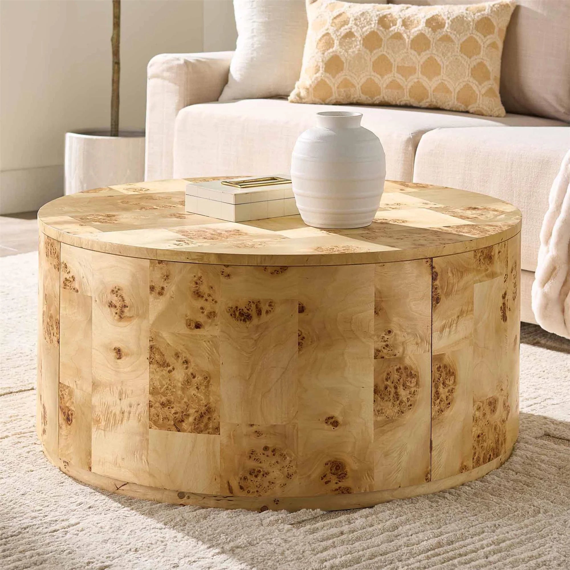 Elegant Burlwood Round Coffee Table with Light Veneer Finish