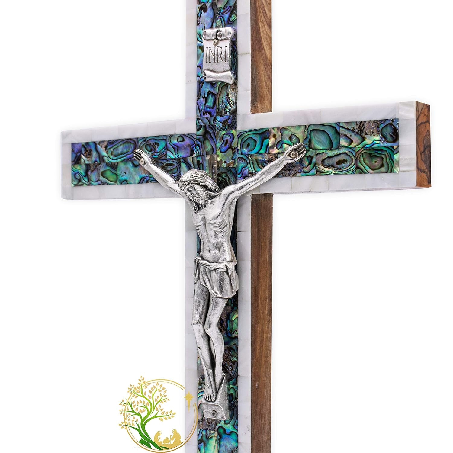 Stunning Extra Large Olivewood Crucifix with Mother of Pearl Inlay - Perfect Religious Wall Décor & Meaningful Gift for All Occasions