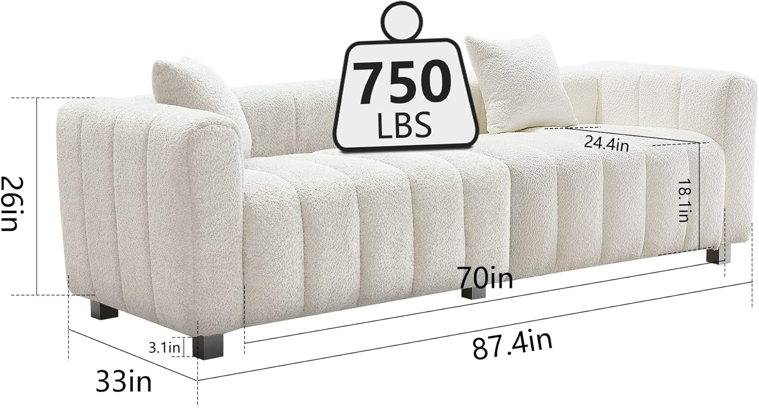 Stylish 87.4" Modern 3-Seater Boucle Sofa - Mid Century Fluffy Couch with Solid Wood Frame, 750 LBS Capacity - Perfect for Living Room, Bedroom, or Apartment (White)