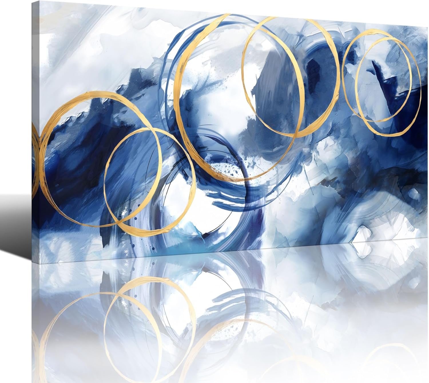 Blue Abstract Modern Wall Art - Contemporary Artwork for Living Room and Office, Large 20x40 Size, Navy and Gold Decor for Bedroom