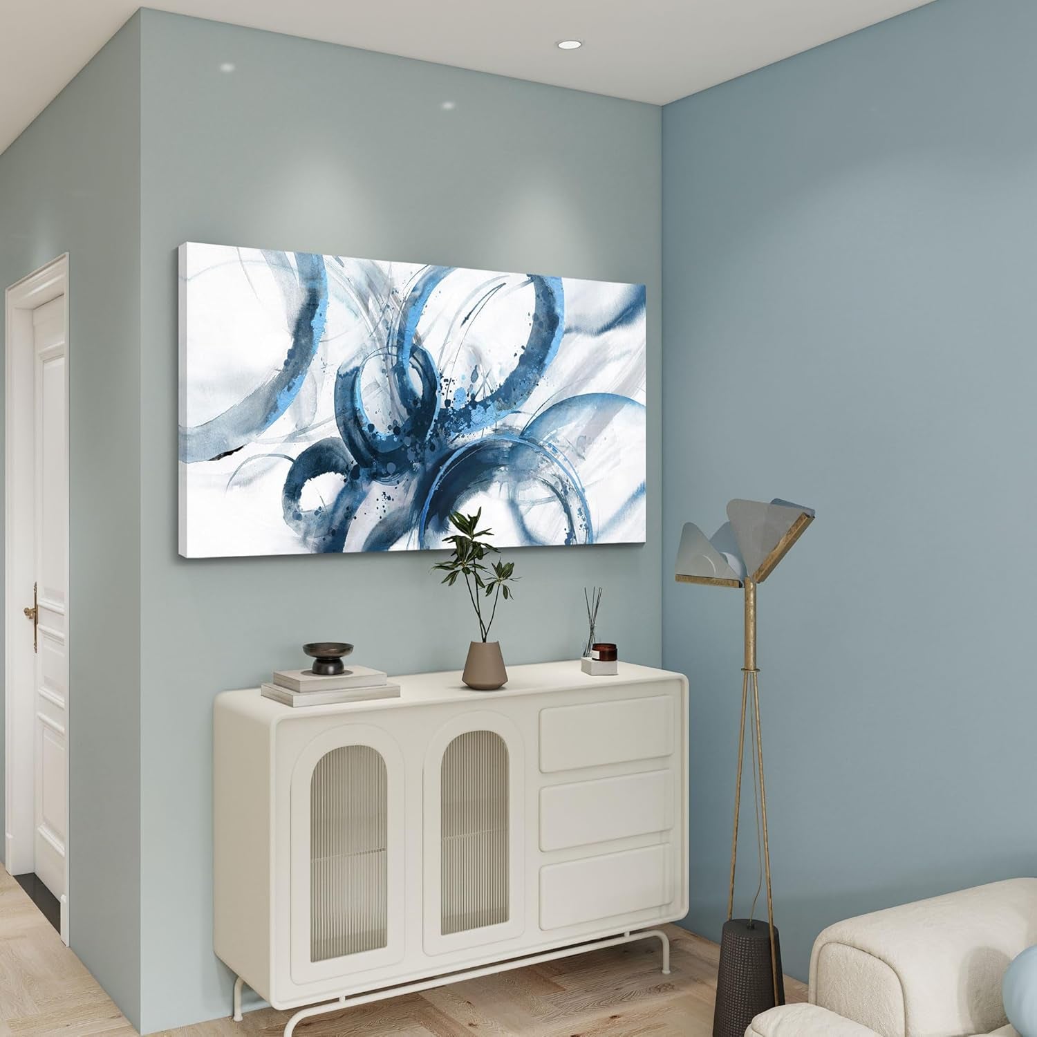Abstract Blue Wall Art - Framed Canvas Decor for Living Room and Office, Minimalist Paintings, 20x40 Inches