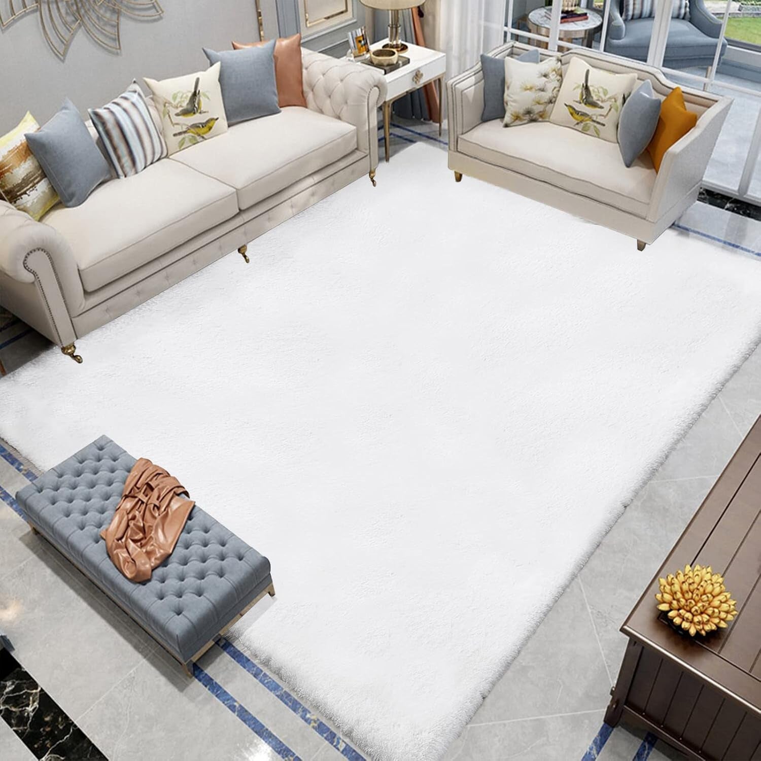 Luxurious White Fluffy 8x10 Faux Rabbit Fur Area Rug - Washable Plush Shaggy Carpet for Living Room, Bedroom, and Nursery Decor