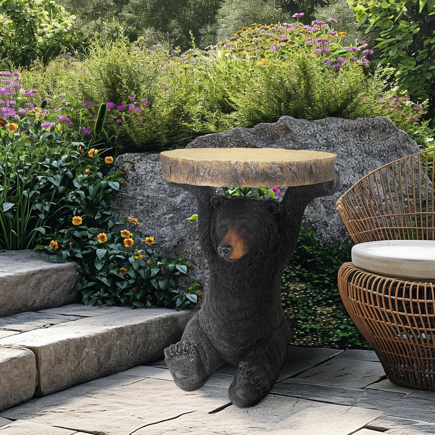 American Black Bear Decorative Side Table - Hand-Painted Resin Pedestal Stool for Home and Office Decor