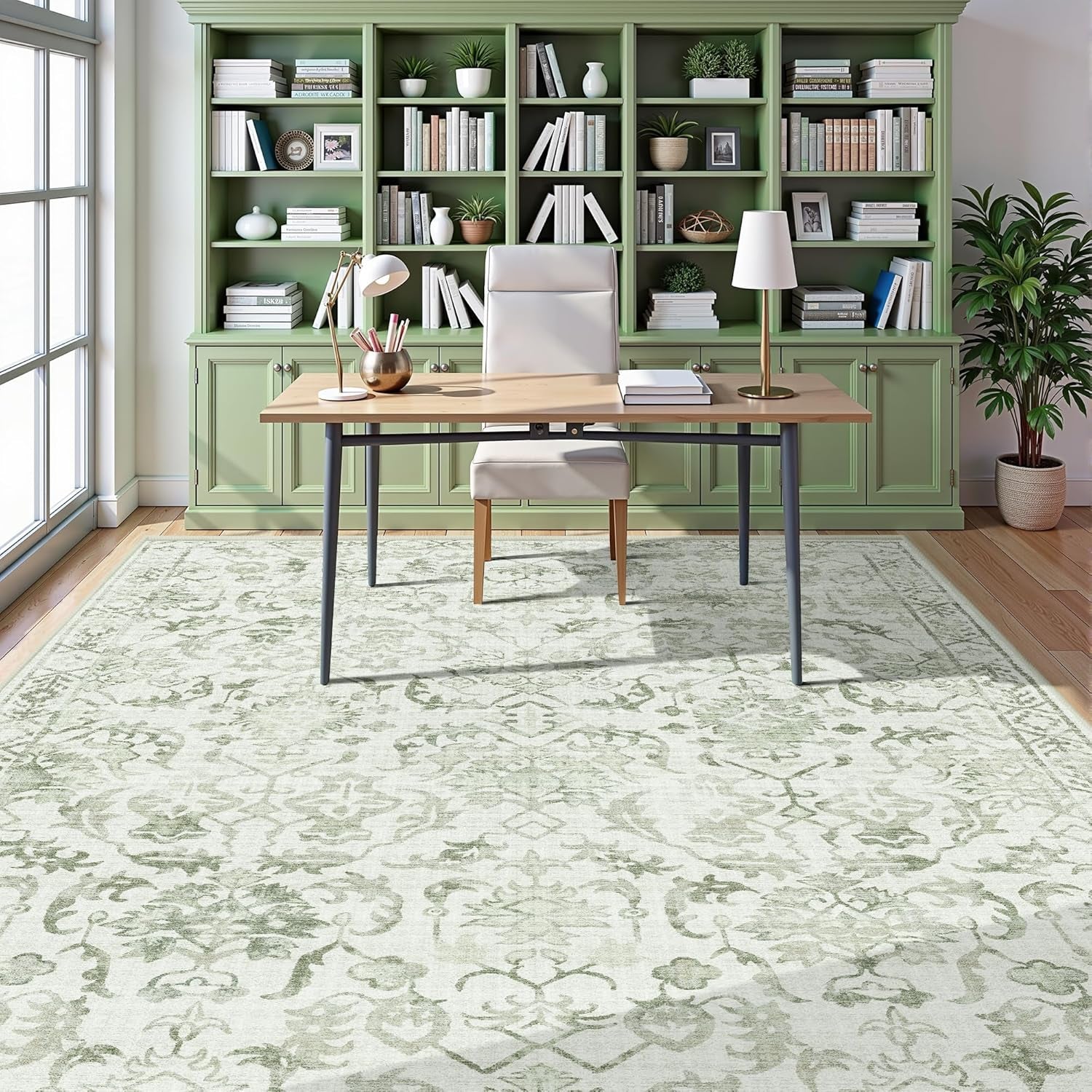 Elegant Sage Green 9x12 Washable Area Rug - Soft, Anti-Slip Low-Pile Design for Living Room, Dining Room & Bedroom - Perfect Farmhouse Home Decor Accent