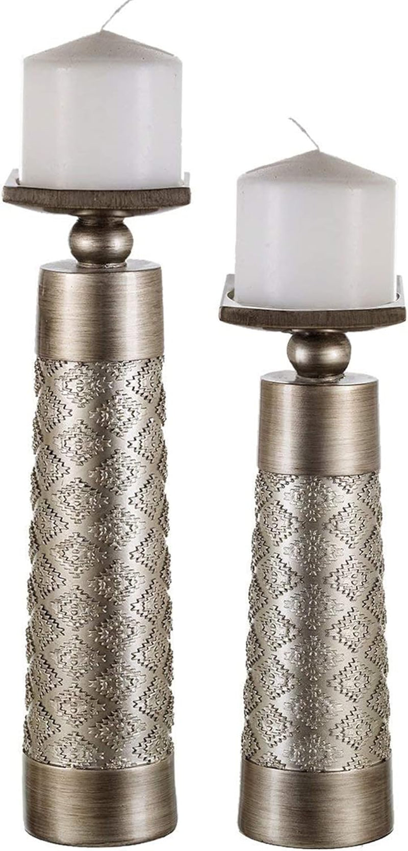 Dublin Silver Decorative Candle Holder Set (2) - Elegant Pillar Candle Stands for Home Decor, Centerpieces for Living Room or Dining Table, Gift Boxed
