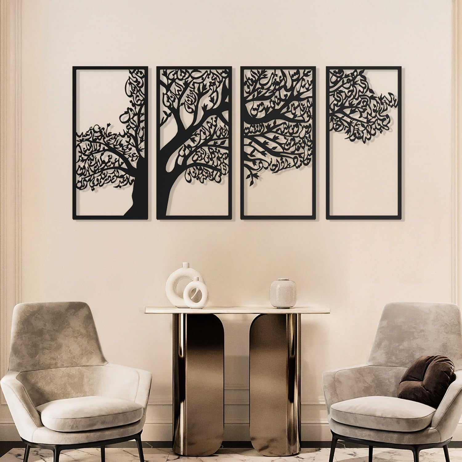 Stunning Large Metal Tree of Surahs Wall Art Set - 4 Quls (Surah Al Ikhlas, Al Falaq, Al Nas, Al Kafirun) - Exquisite Arabic Calligraphy for Muslim Home Decor & Thoughtful Islamic Gifts - Total Size: 78.7 X 38.5 Inches