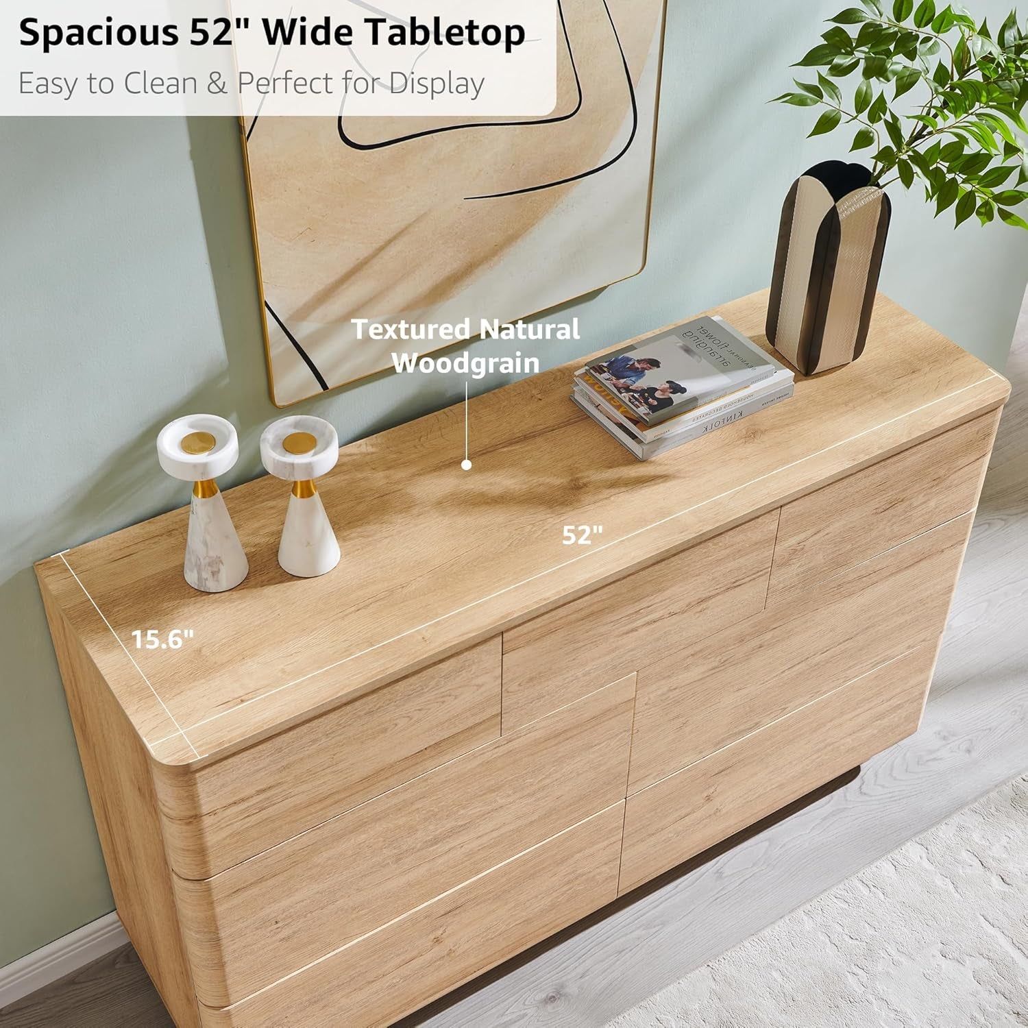 Stylish 7 Drawer Modern Dresser - Push-To-Open Chest with Sleek Handleless Design, 52" Wide Storage Solution for Bedroom or Living Room in Natural Oak