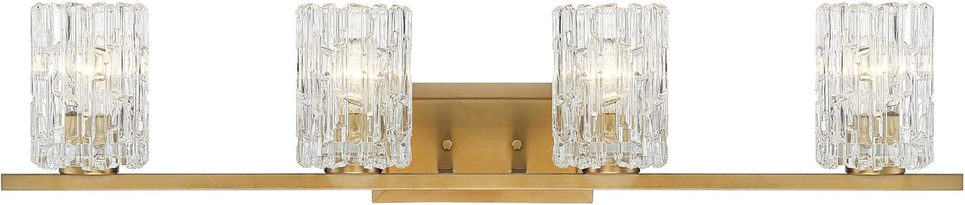 Modern Warm Brass 4-Light Wall Sconce with Textured Ice Glass Shade - 36" Bathroom Vanity & Hallway Decor