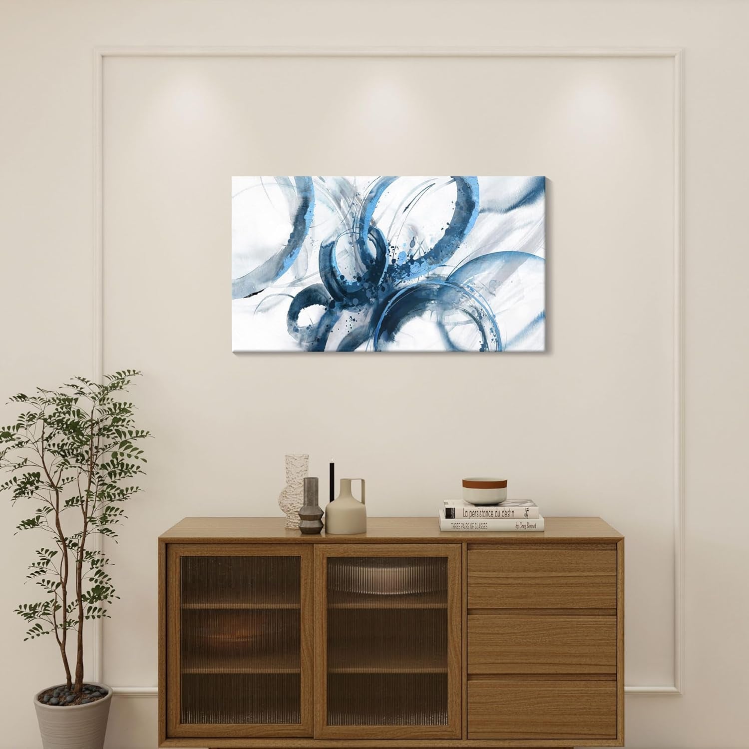 Abstract Blue Wall Art - Framed Canvas Decor for Living Room and Office, Minimalist Paintings, 20x40 Inches